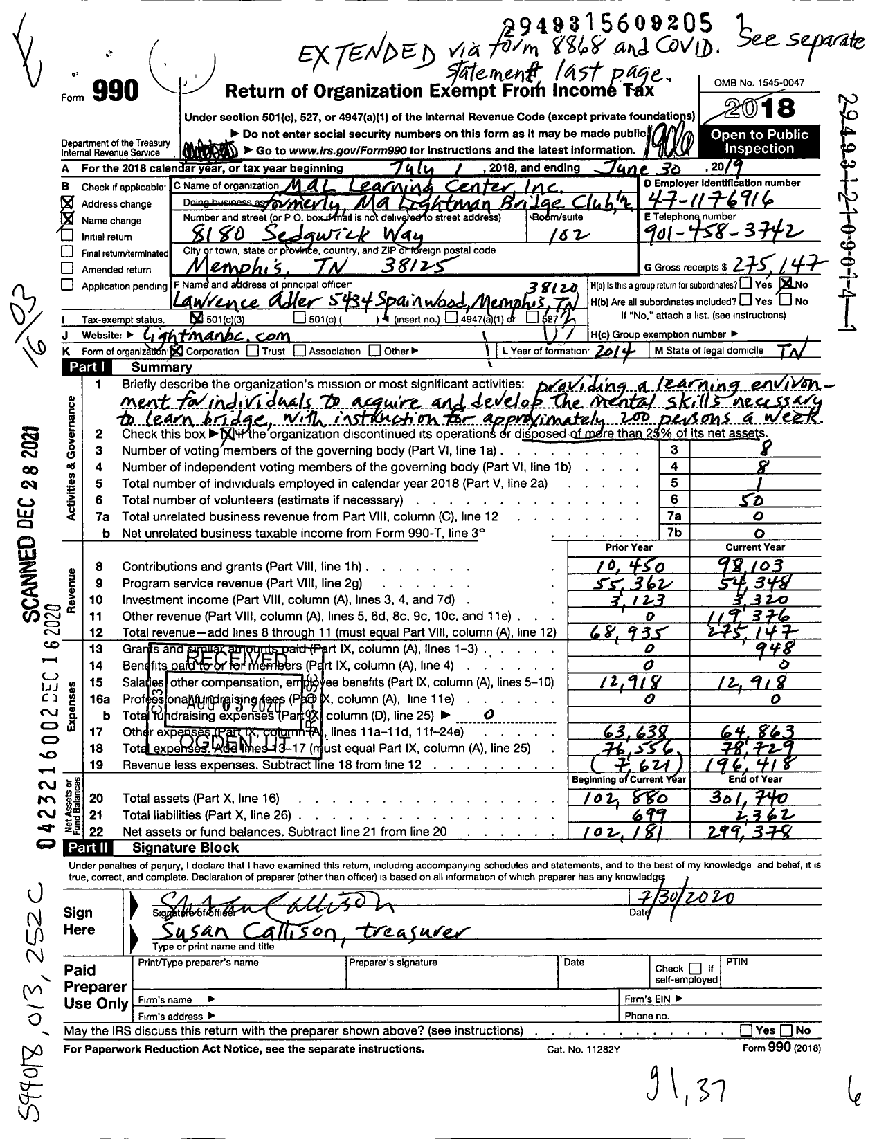 Image of first page of 2018 Form 990 for Mal Learning Center
