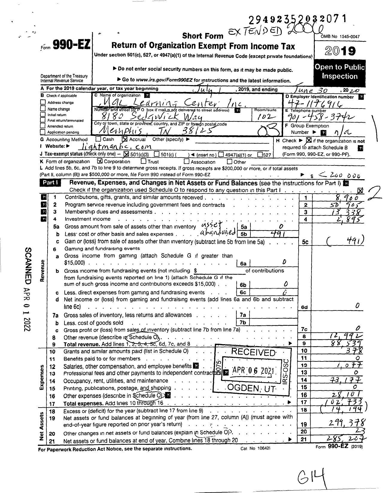 Image of first page of 2019 Form 990EZ for Mal Learning Center