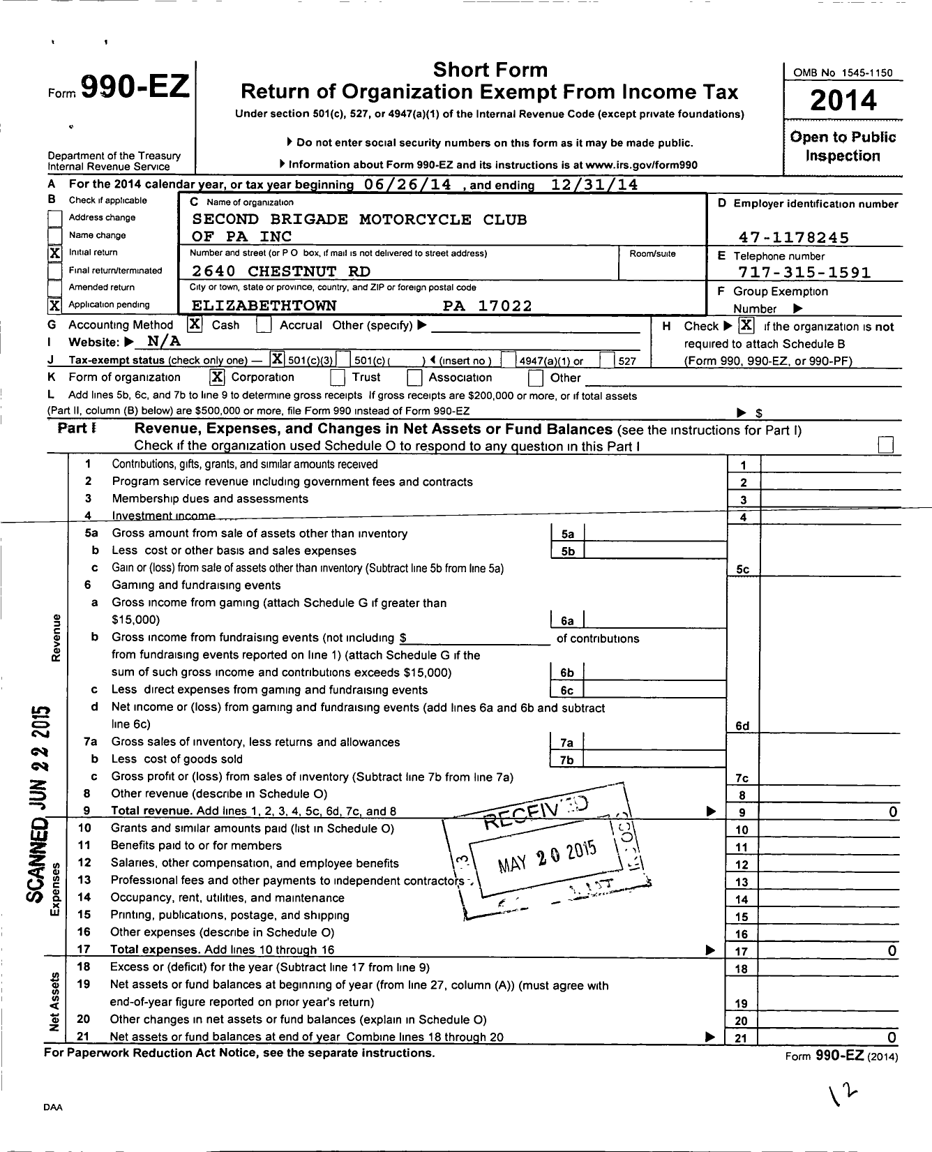 Image of first page of 2014 Form 990EZ for Second Brigade Motorcycle Club of Pa