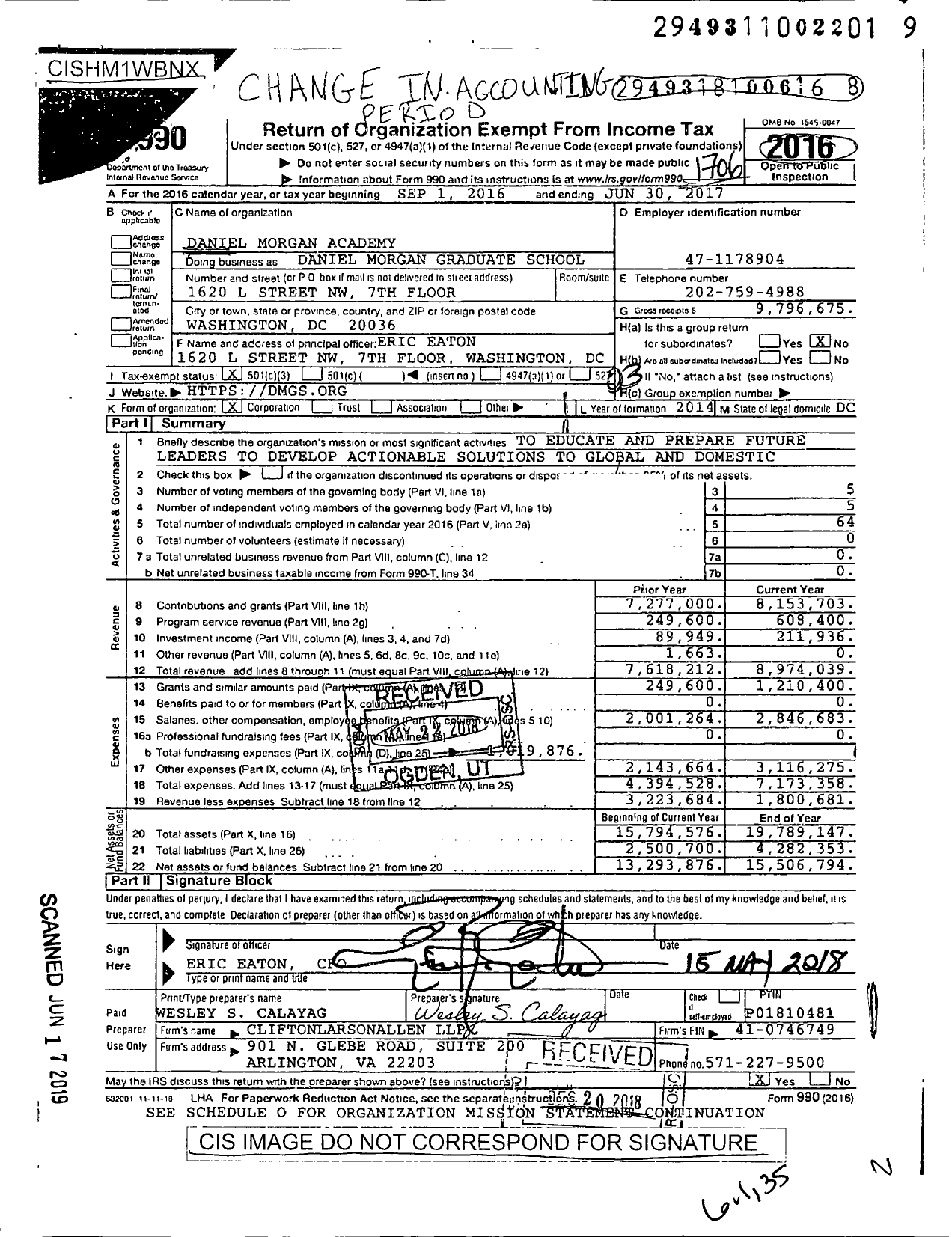 Image of first page of 2016 Form 990 for Daniel Morgan Graduate School of National Security (DMGS)