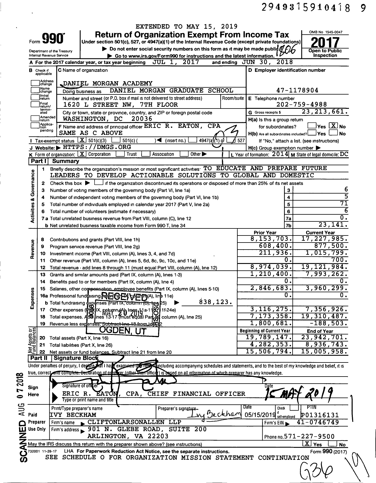 Image of first page of 2017 Form 990 for Daniel Morgan Graduate School of National Security (DMGS)