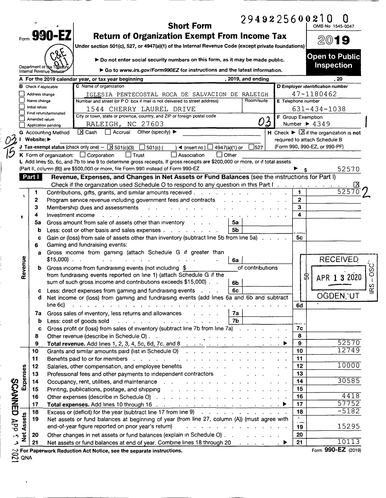 Image of first page of 2019 Form 990EZ for Iglesia Pentecostal Roca de Salvacion de Raleigh