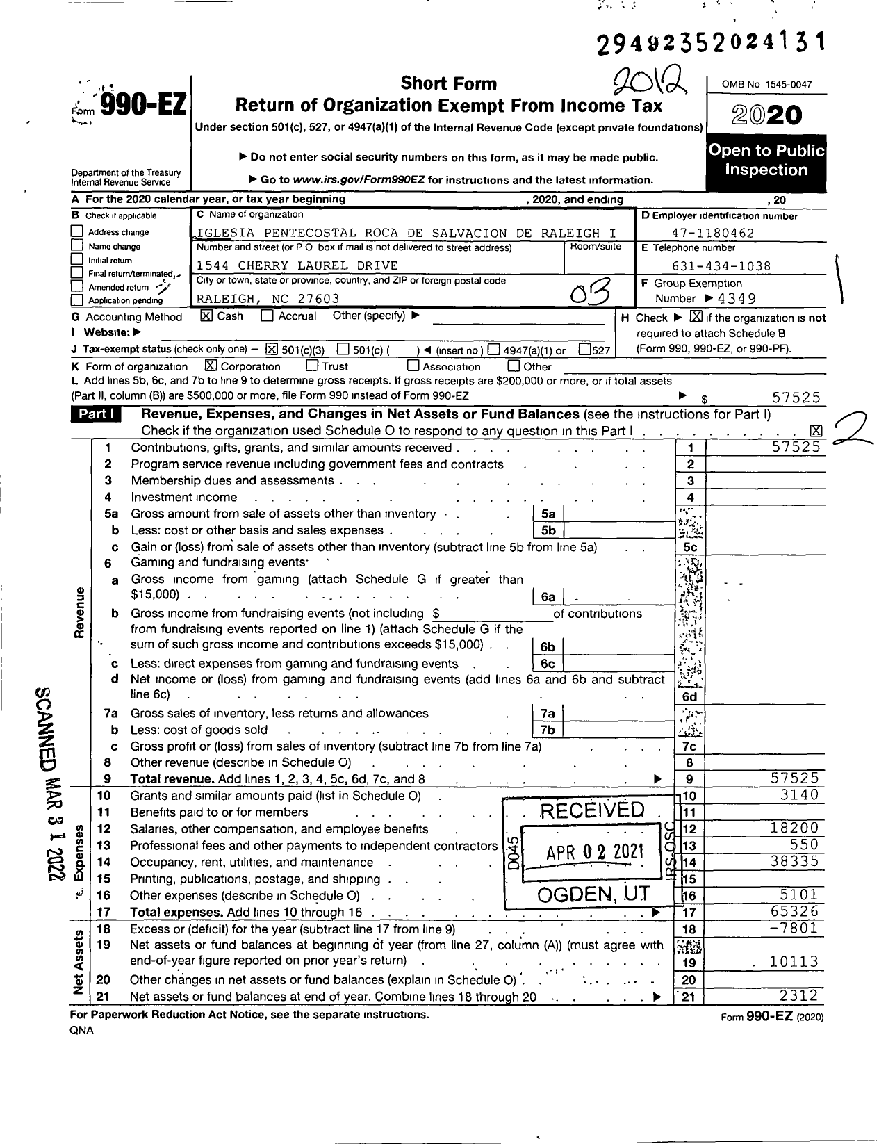 Image of first page of 2020 Form 990EZ for Iglesia Pentecostal Roca de Salvacion de Raleigh