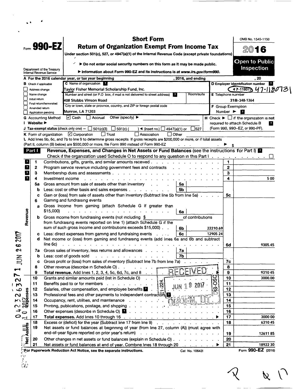 Image of first page of 2016 Form 990EO for Taylor Fisher Memorial Fund