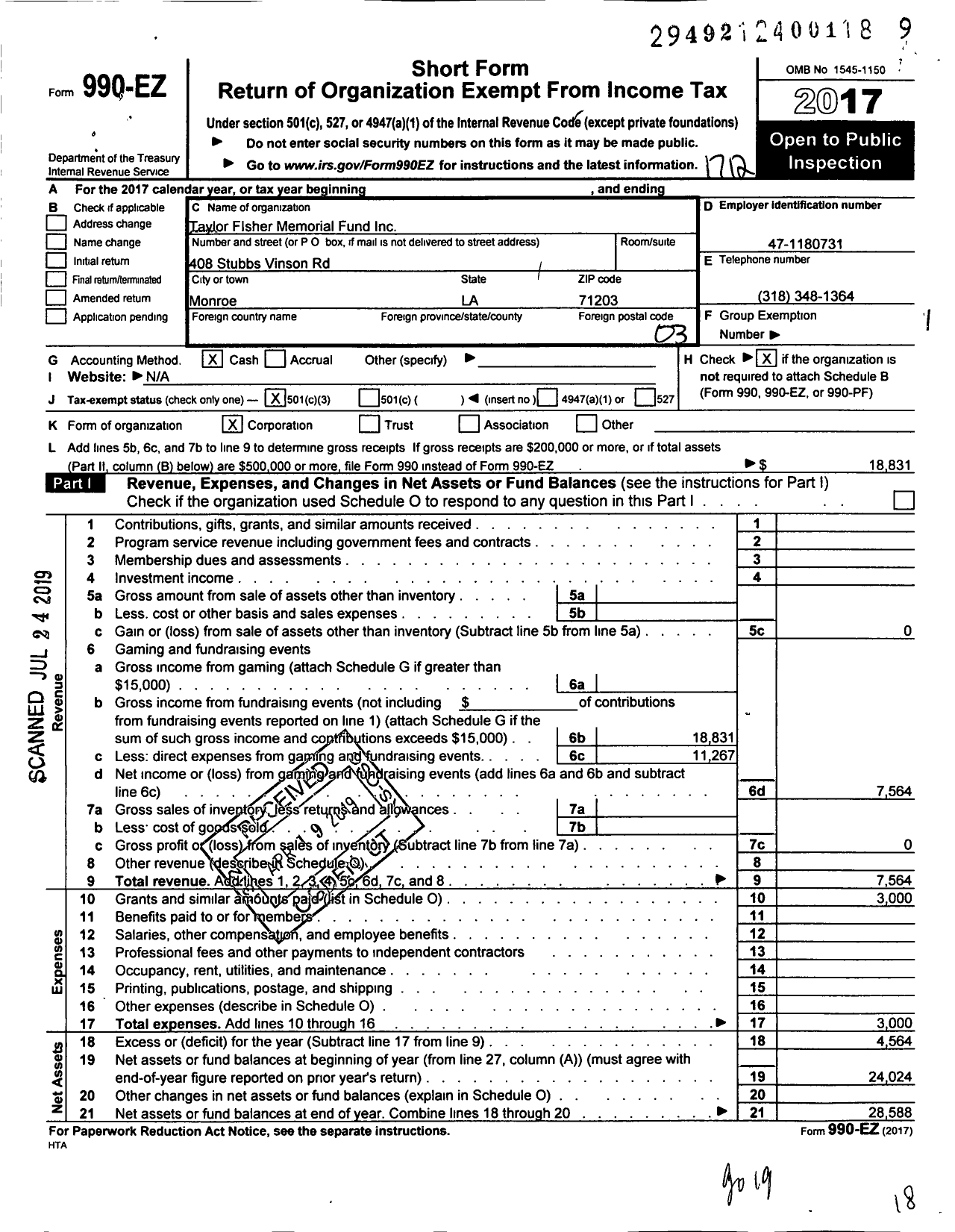 Image of first page of 2017 Form 990EZ for Taylor Fisher Memorial Fund