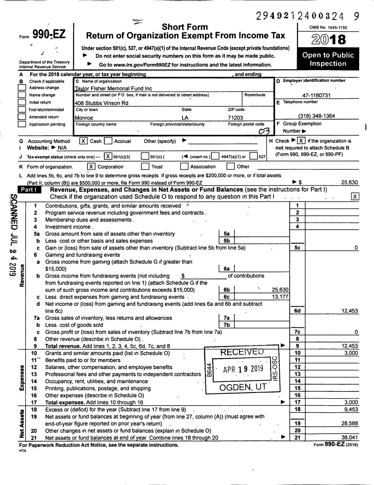 Image of first page of 2018 Form 990EZ for Taylor Fisher Memorial Fund