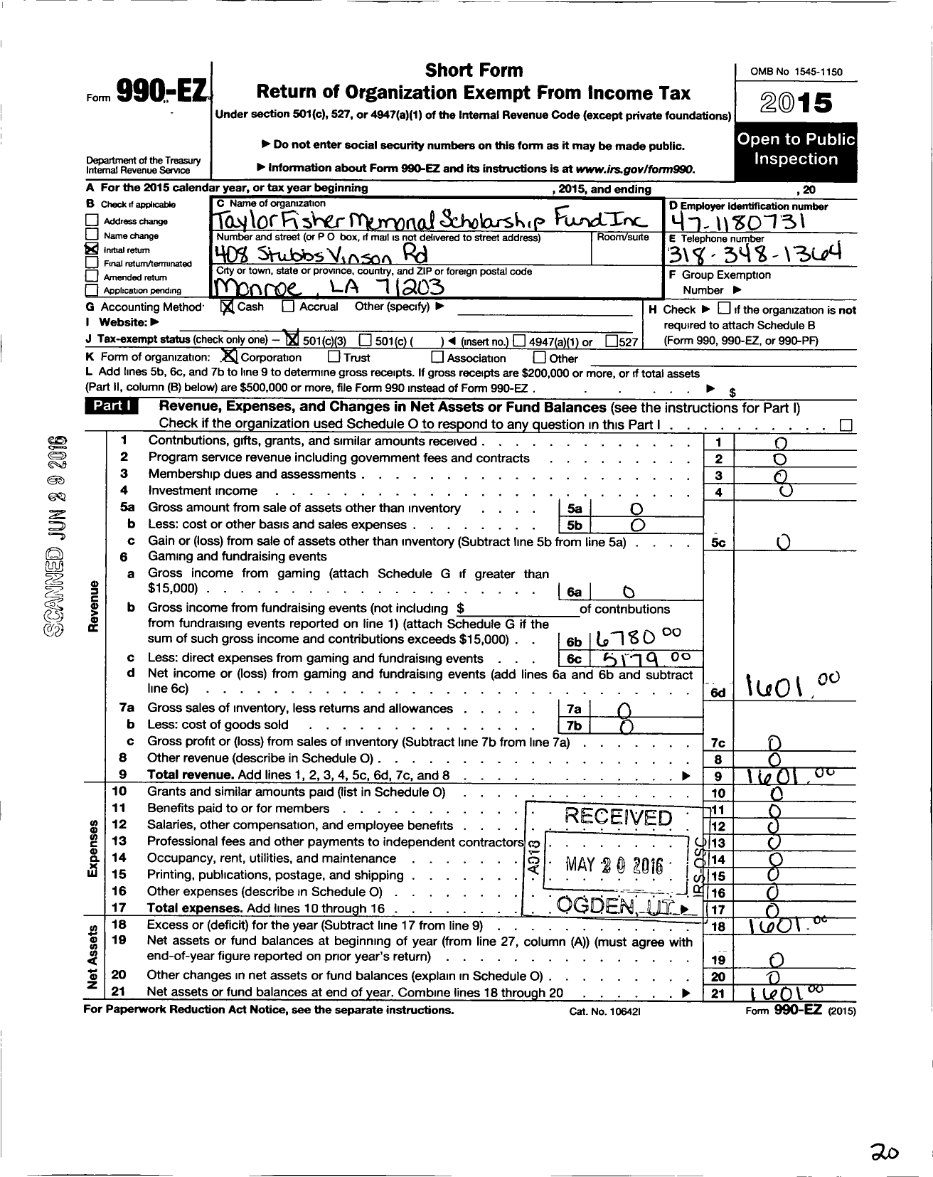 Image of first page of 2015 Form 990EZ for Taylor Fisher Memorial Fund