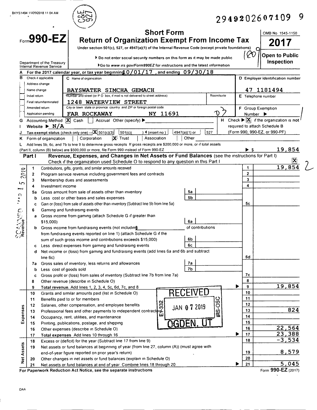 Image of first page of 2017 Form 990EZ for Bayswater Simcha Gemach