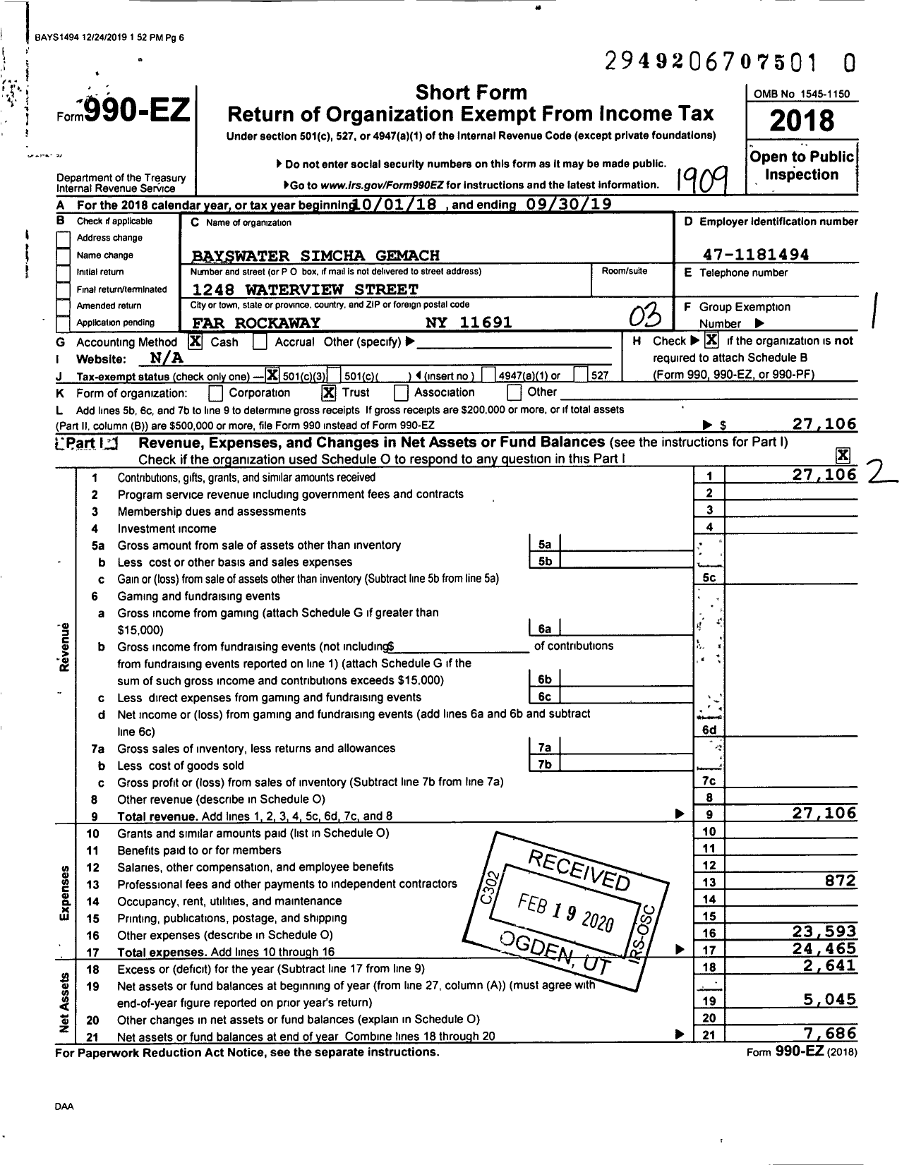 Image of first page of 2018 Form 990EZ for Bayswater Simcha Gemach