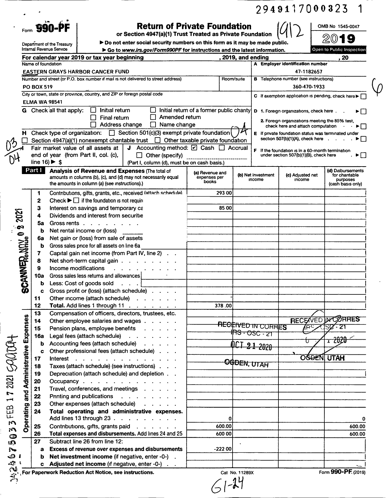 Image of first page of 2019 Form 990PF for Eastern Grays Harbor Cancer Fund