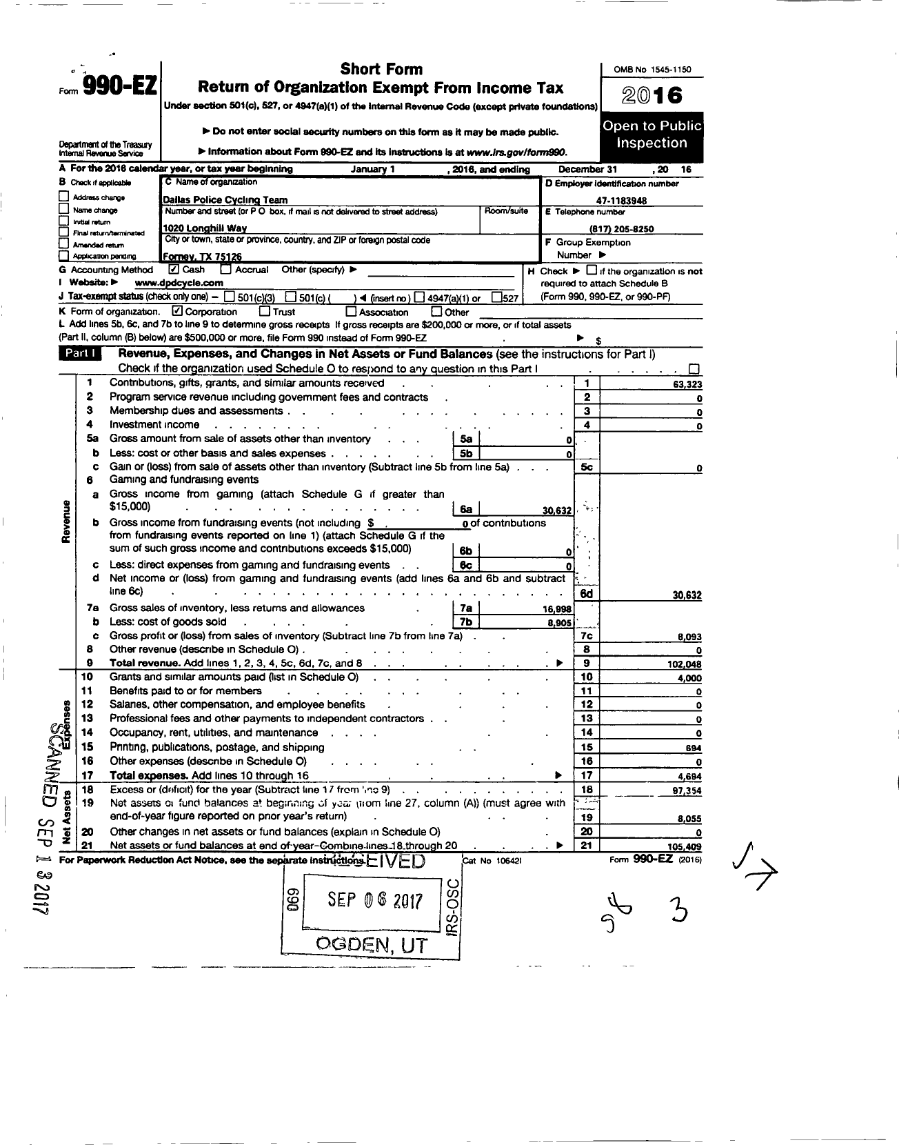 Image of first page of 2016 Form 990EO for Dallas Police Cycling Team