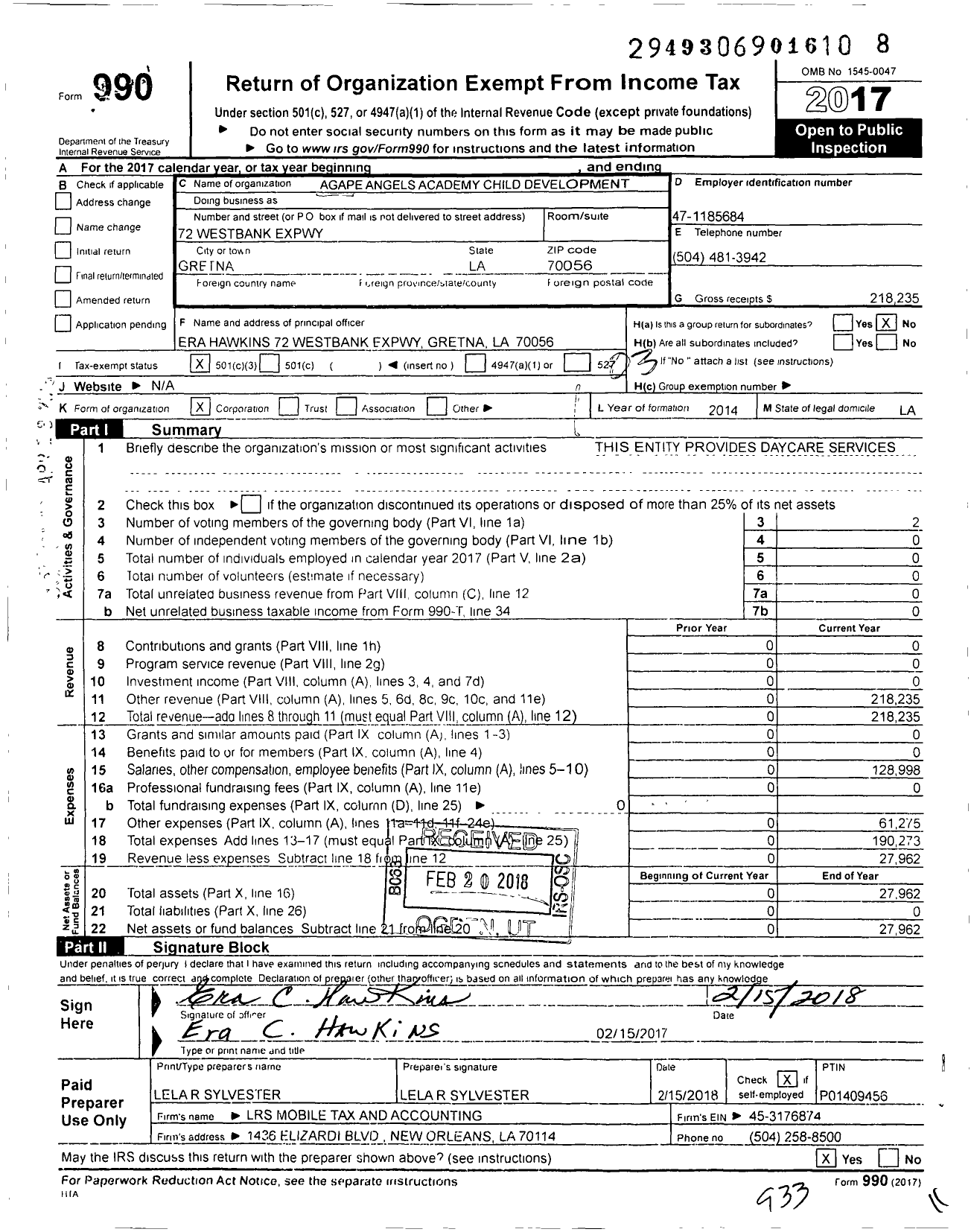 Image of first page of 2017 Form 990 for Agape Angels Academy Child Development