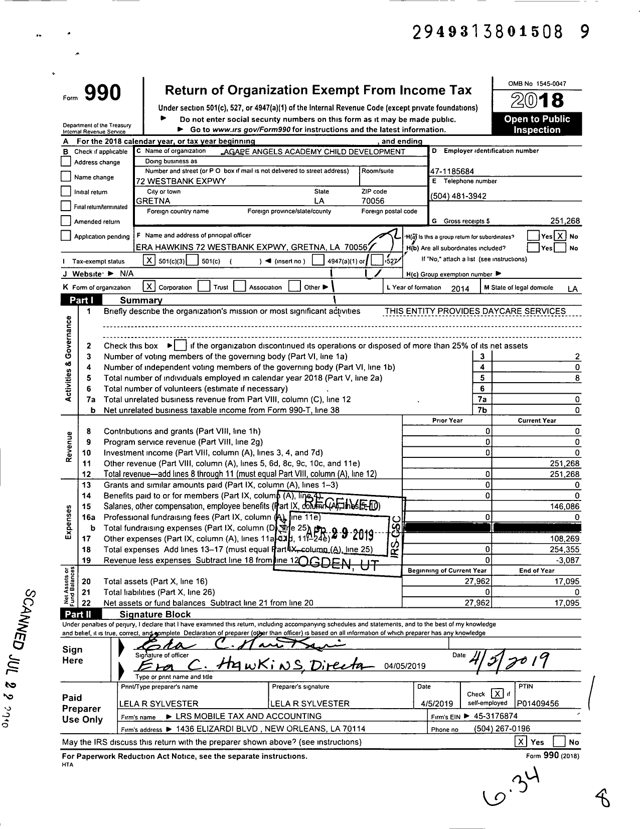 Image of first page of 2018 Form 990 for Agape Angels Academy Child Development