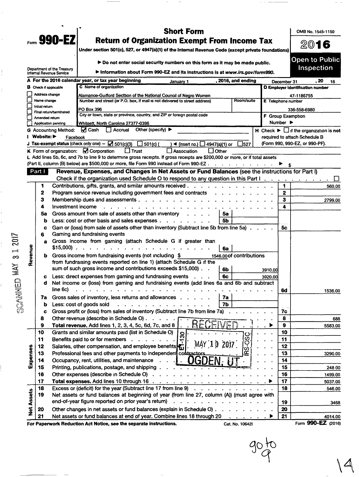 Image of first page of 2016 Form 990EZ for National Council of Negro Women / Alamance-Guilford Section NCNW