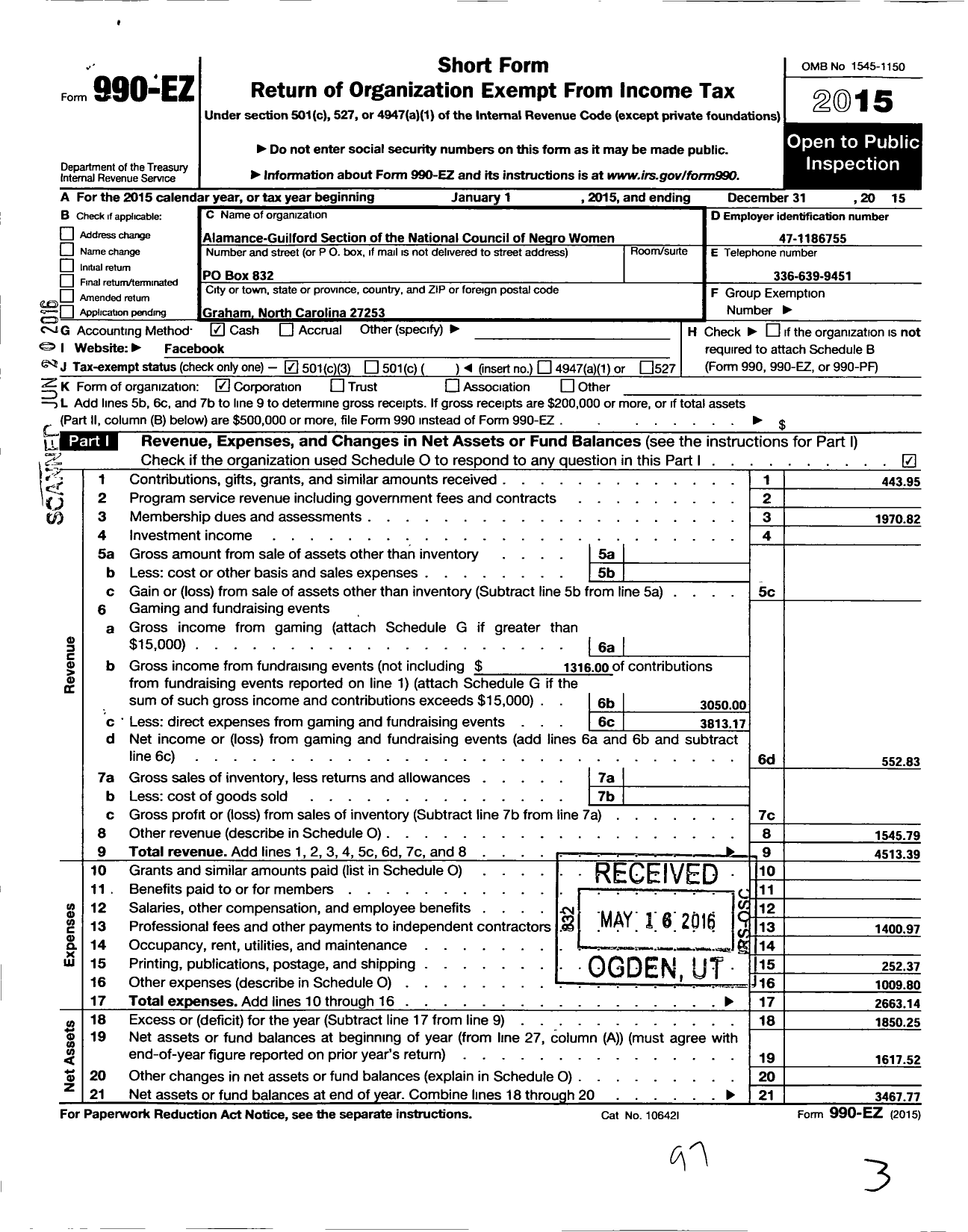 Image of first page of 2015 Form 990EZ for National Council of Negro Women / Alamance-Guilford Section NCNW