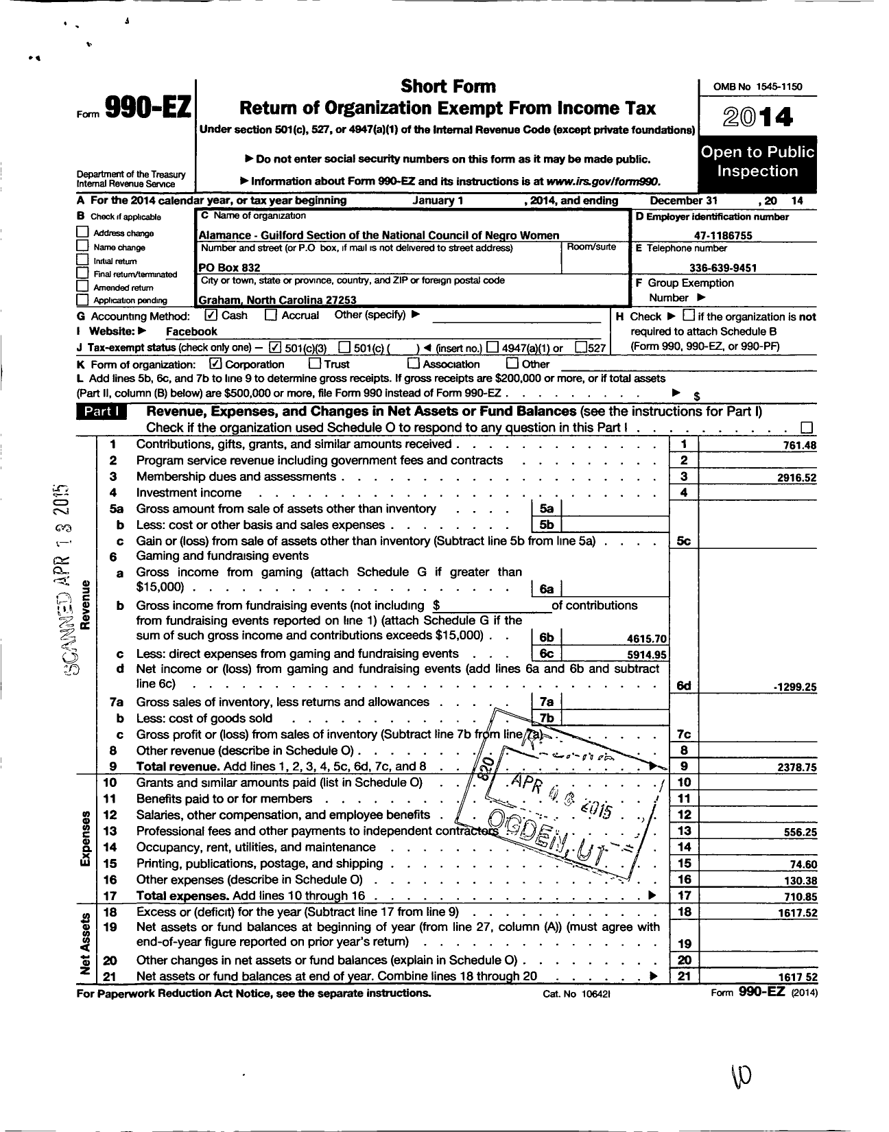 Image of first page of 2014 Form 990EZ for National Council of Negro Women / Alamance-Guilford Section NCNW