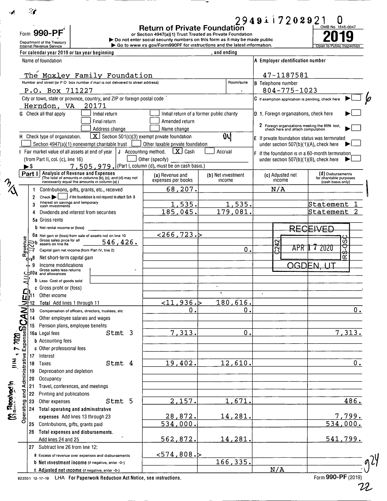 Image of first page of 2019 Form 990PR for The Moxley Family Foundation