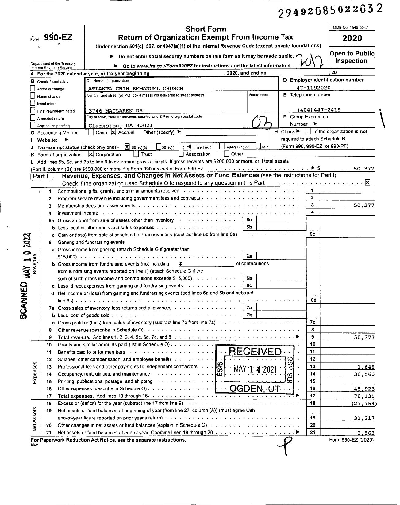 Image of first page of 2020 Form 990EZ for Atlanta Chin Emmanuel Church