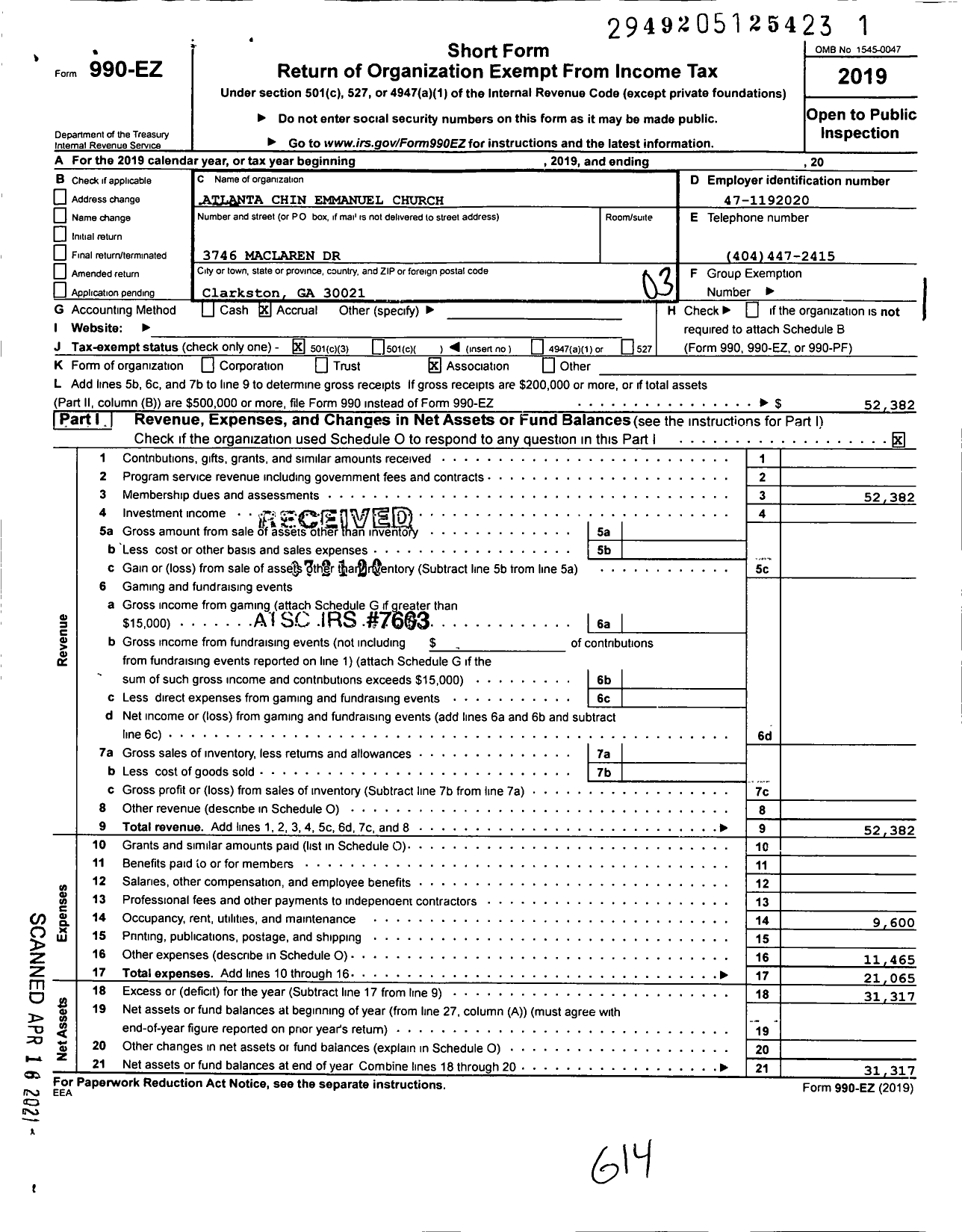 Image of first page of 2019 Form 990EZ for Atlanta Chin Emmanuel Church