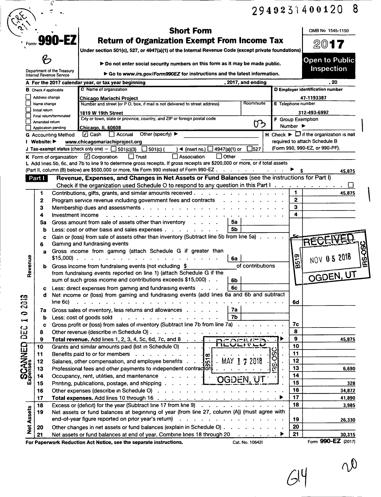 Image of first page of 2017 Form 990EZ for Chicago Mariachi Project