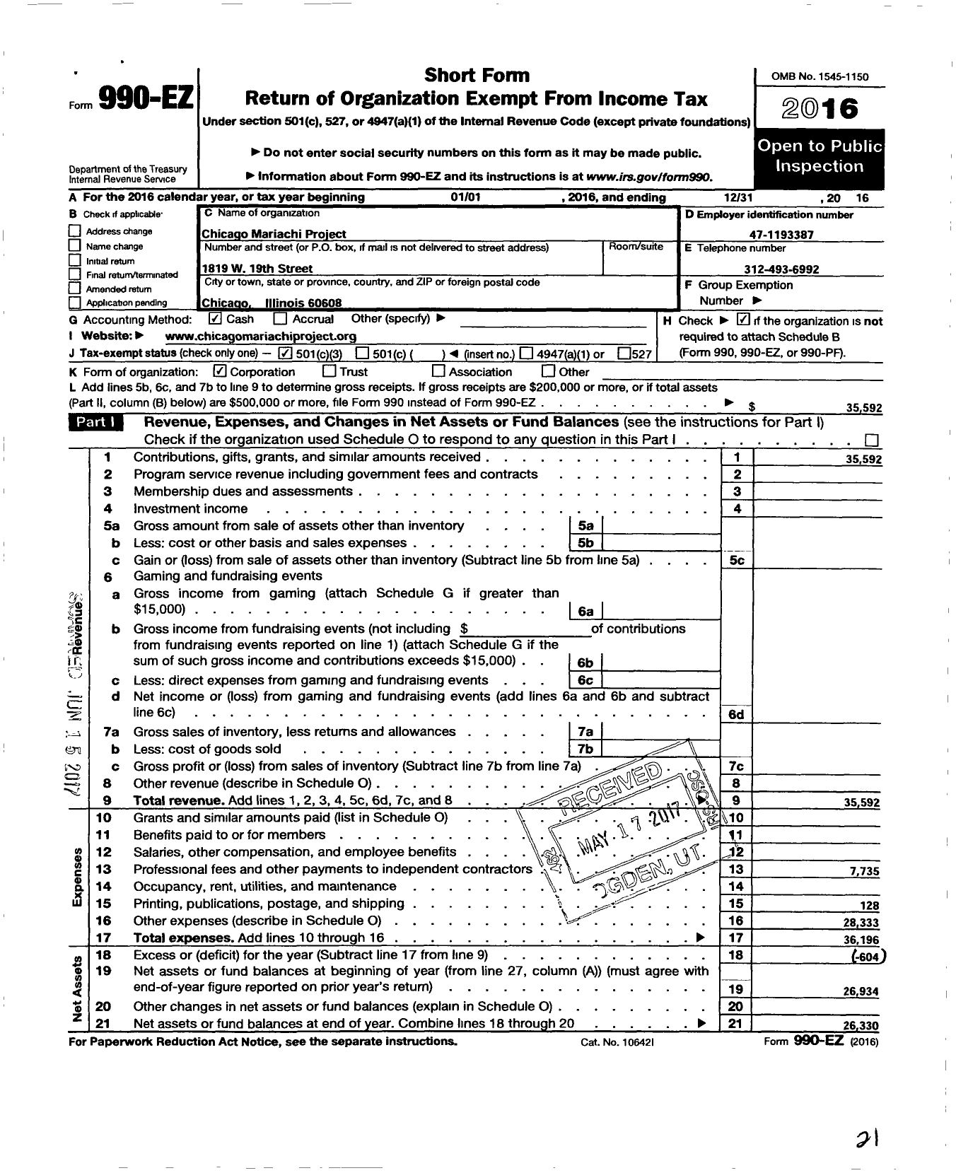 Image of first page of 2016 Form 990EZ for Chicago Mariachi Project