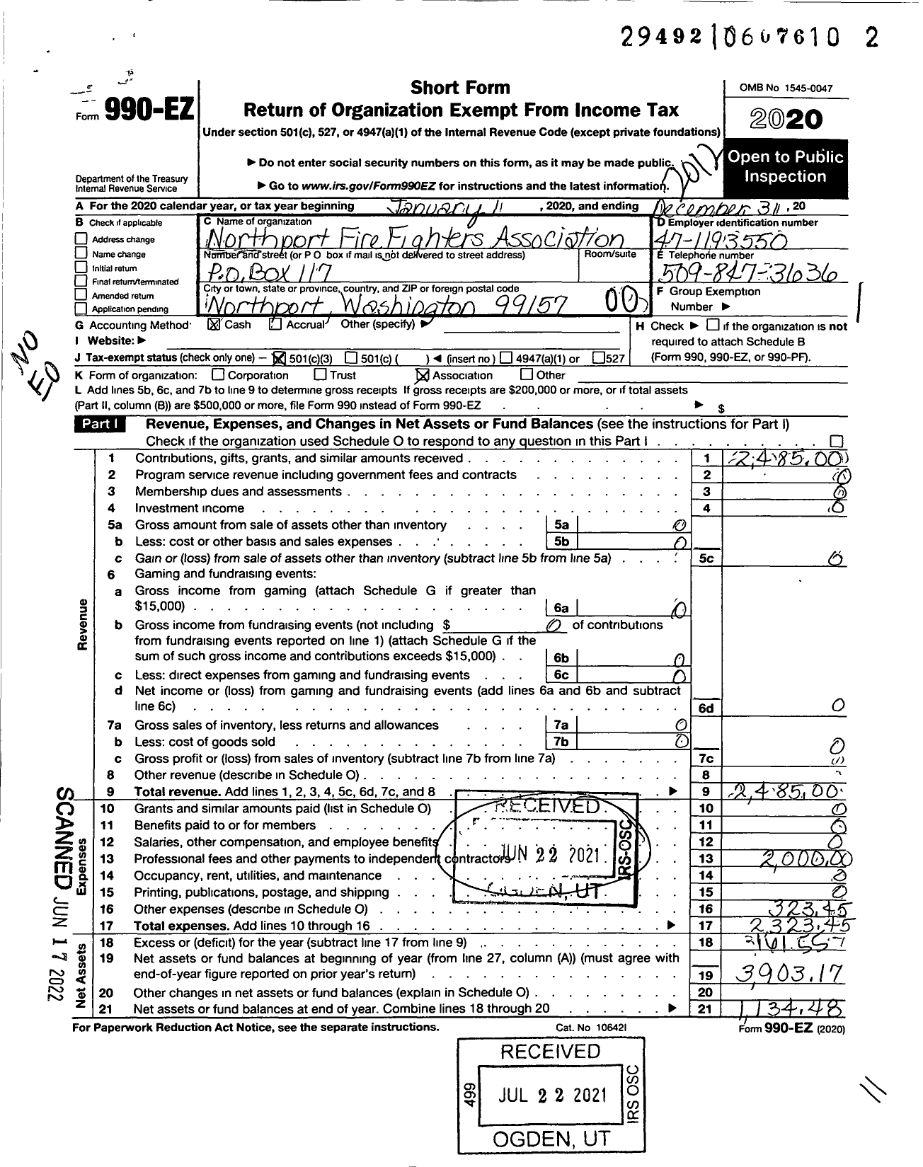 Image of first page of 2020 Form 990EO for Northport Fire Fighters Association