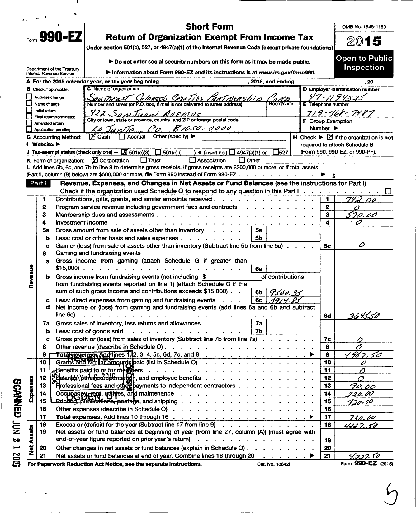 Image of first page of 2015 Form 990EZ for Southeast Colorado Creative Partnership