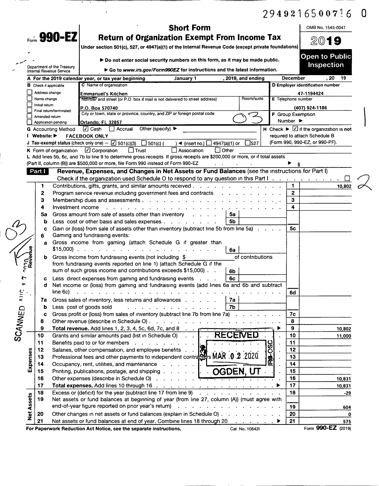 Image of first page of 2019 Form 990EZ for Emmanuels Kitchen