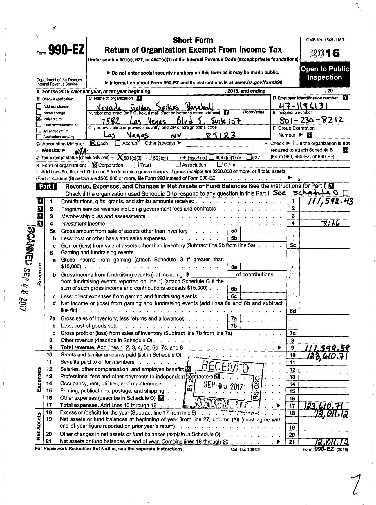 Image of first page of 2016 Form 990EZ for Nevada Golden Spikes Baseball