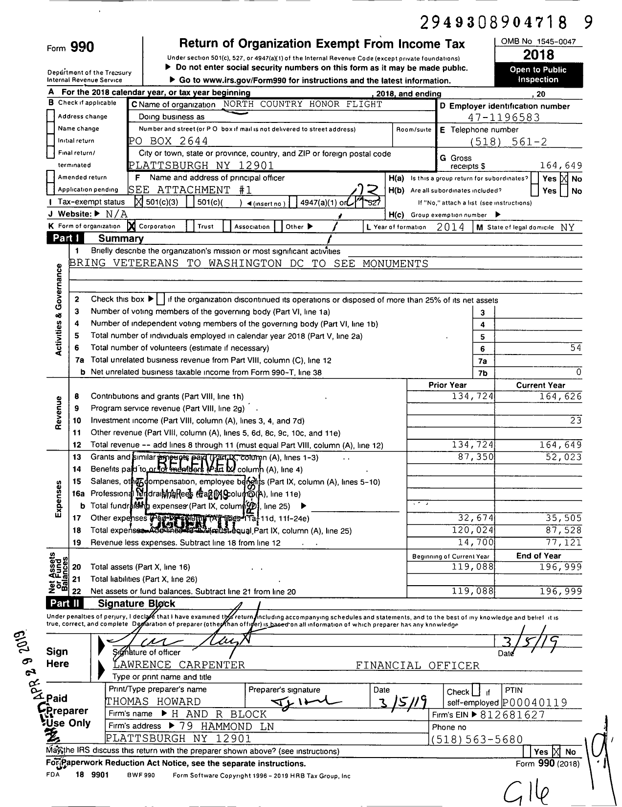 Image of first page of 2018 Form 990 for North Country Honor Flight