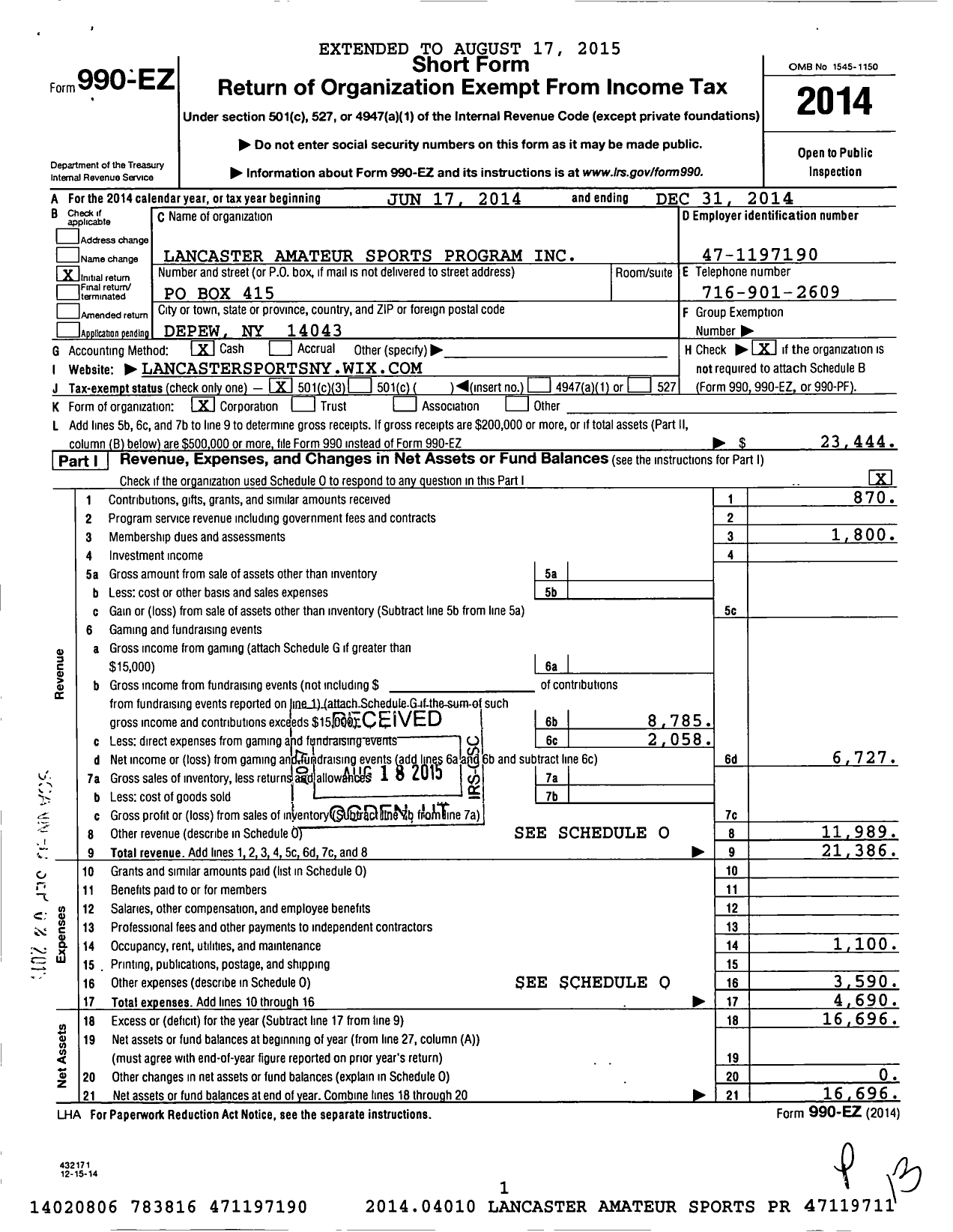 Image of first page of 2014 Form 990EZ for Lancaster Amateur Sports Program