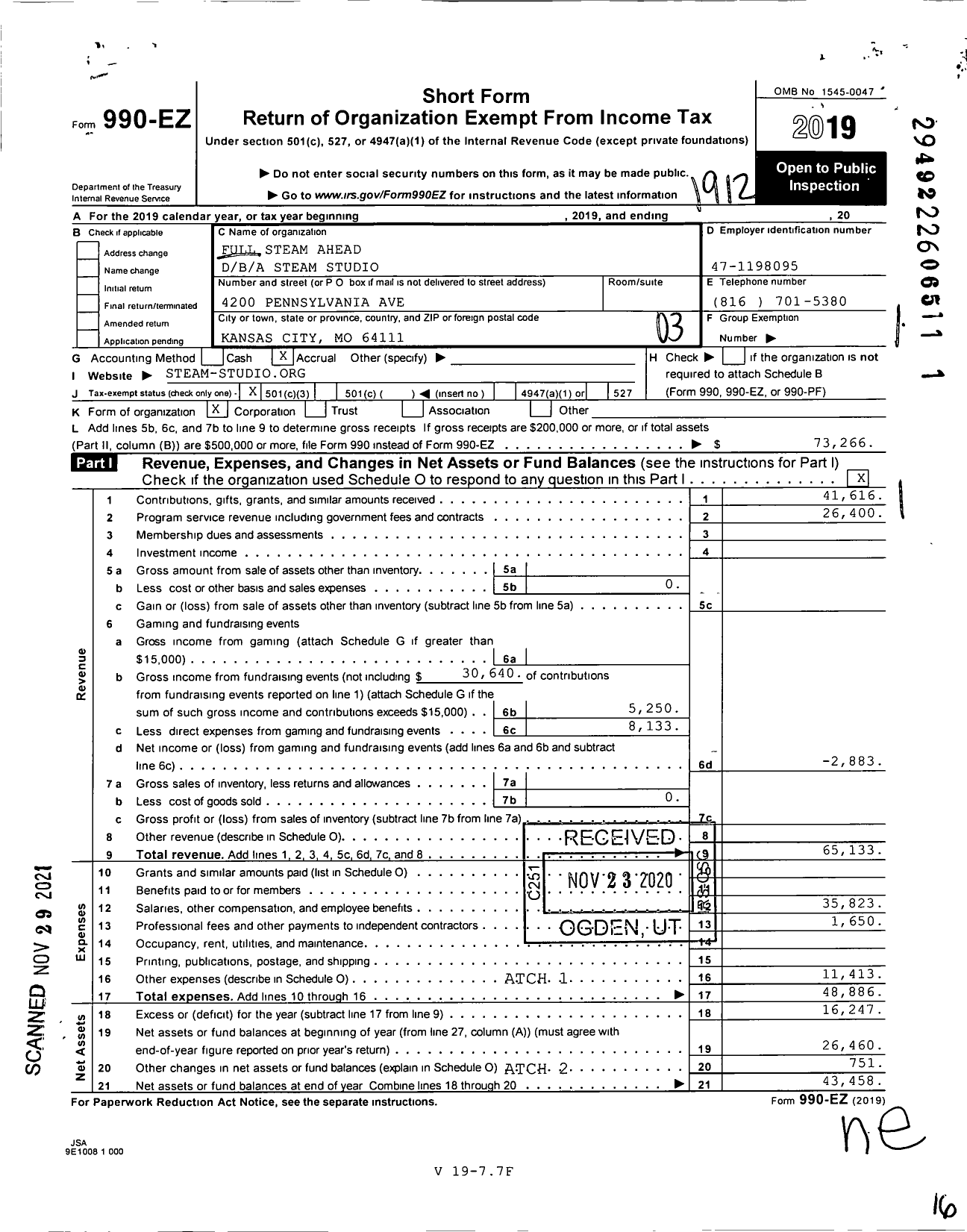 Image of first page of 2019 Form 990EZ for Full Steam Ahead / Steam Sudio