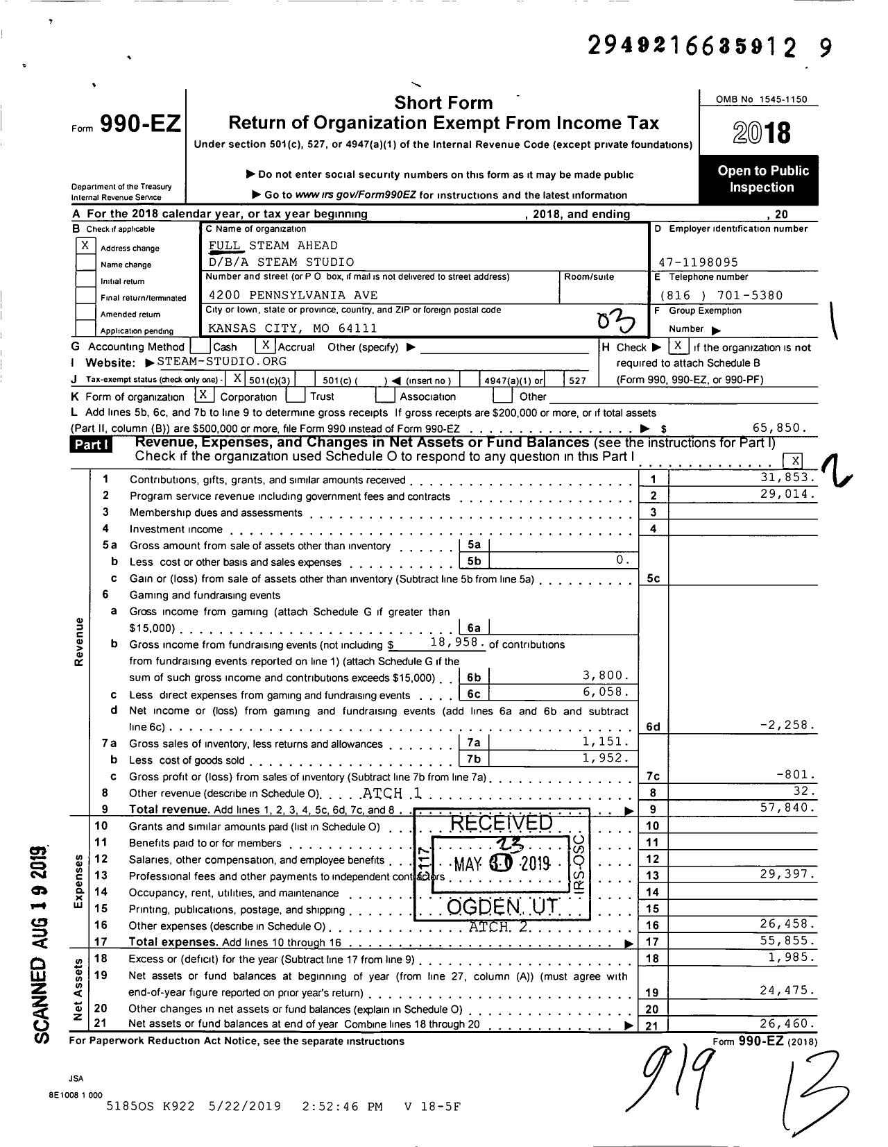 Image of first page of 2018 Form 990EZ for Full Steam Ahead / Steam Sudio