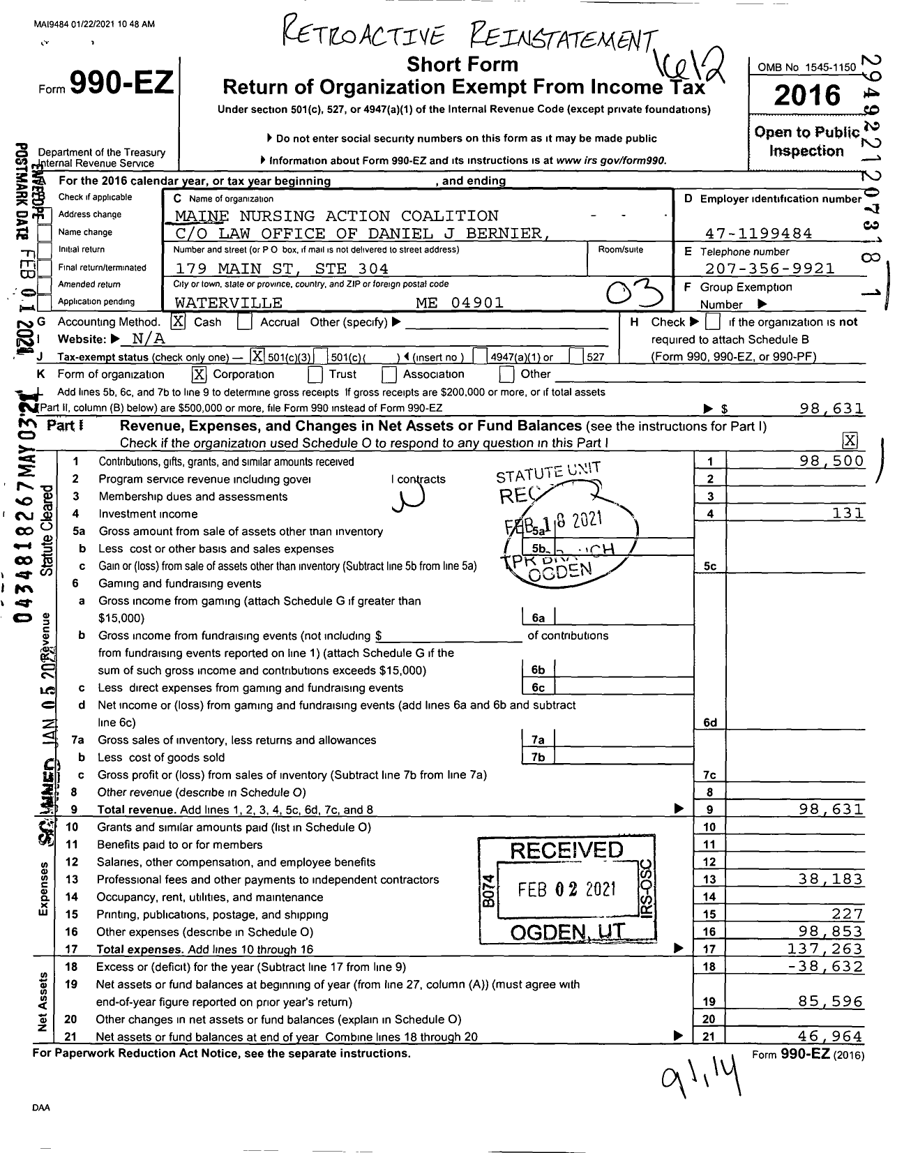 Image of first page of 2016 Form 990EZ for Maine Nursing Action Coalition