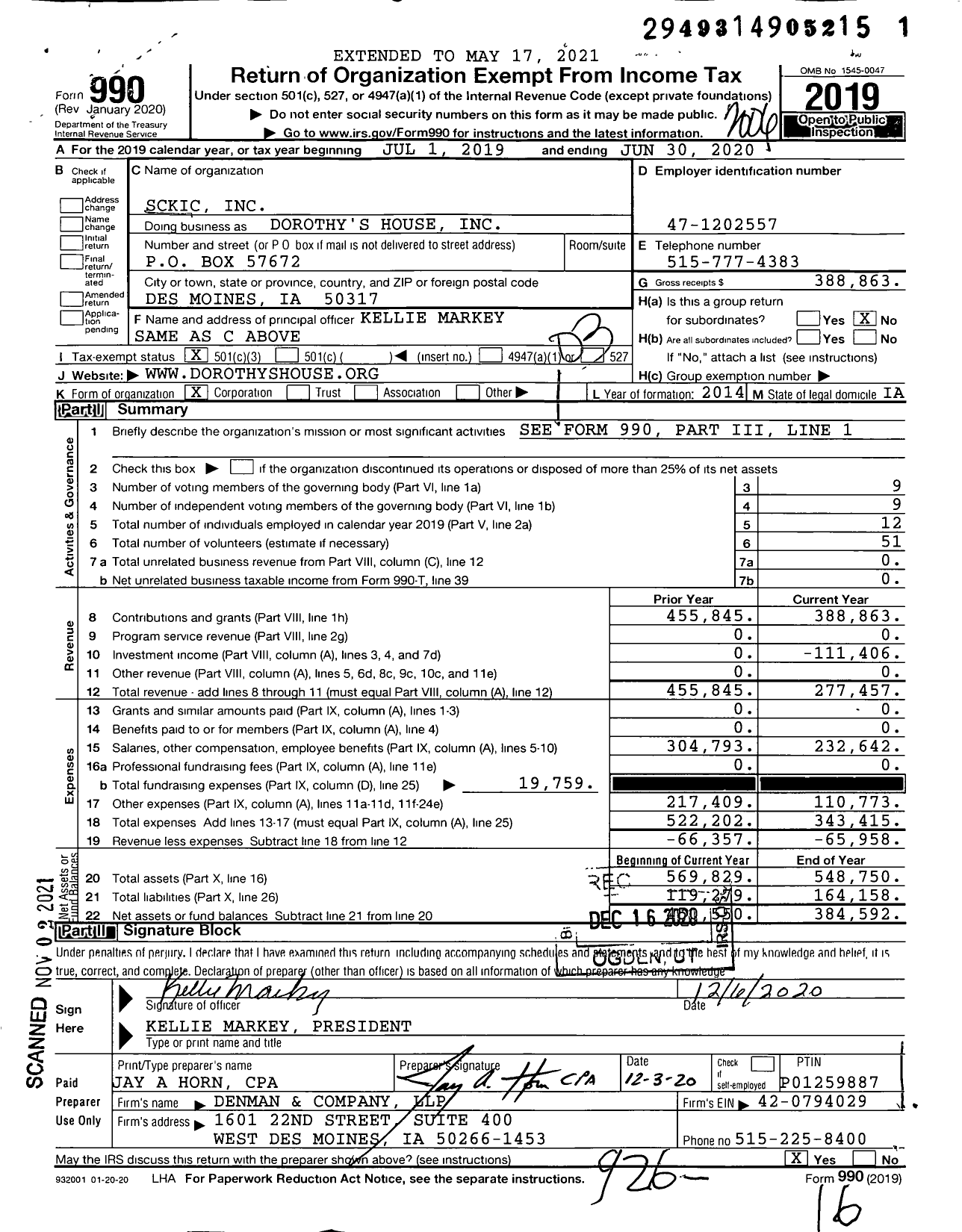 Image of first page of 2019 Form 990 for Dorothy's House / SCKIC Inc