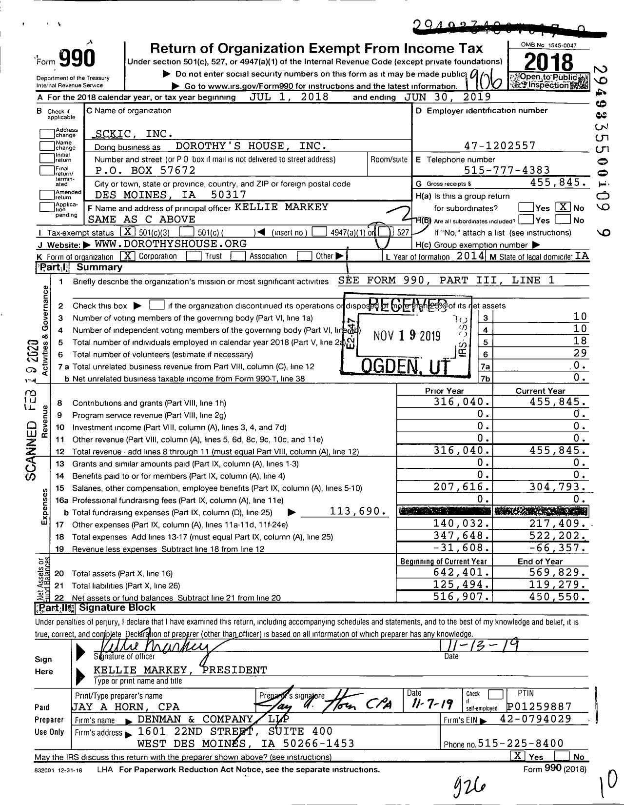 Image of first page of 2018 Form 990 for Dorothy's House / SCKIC Inc