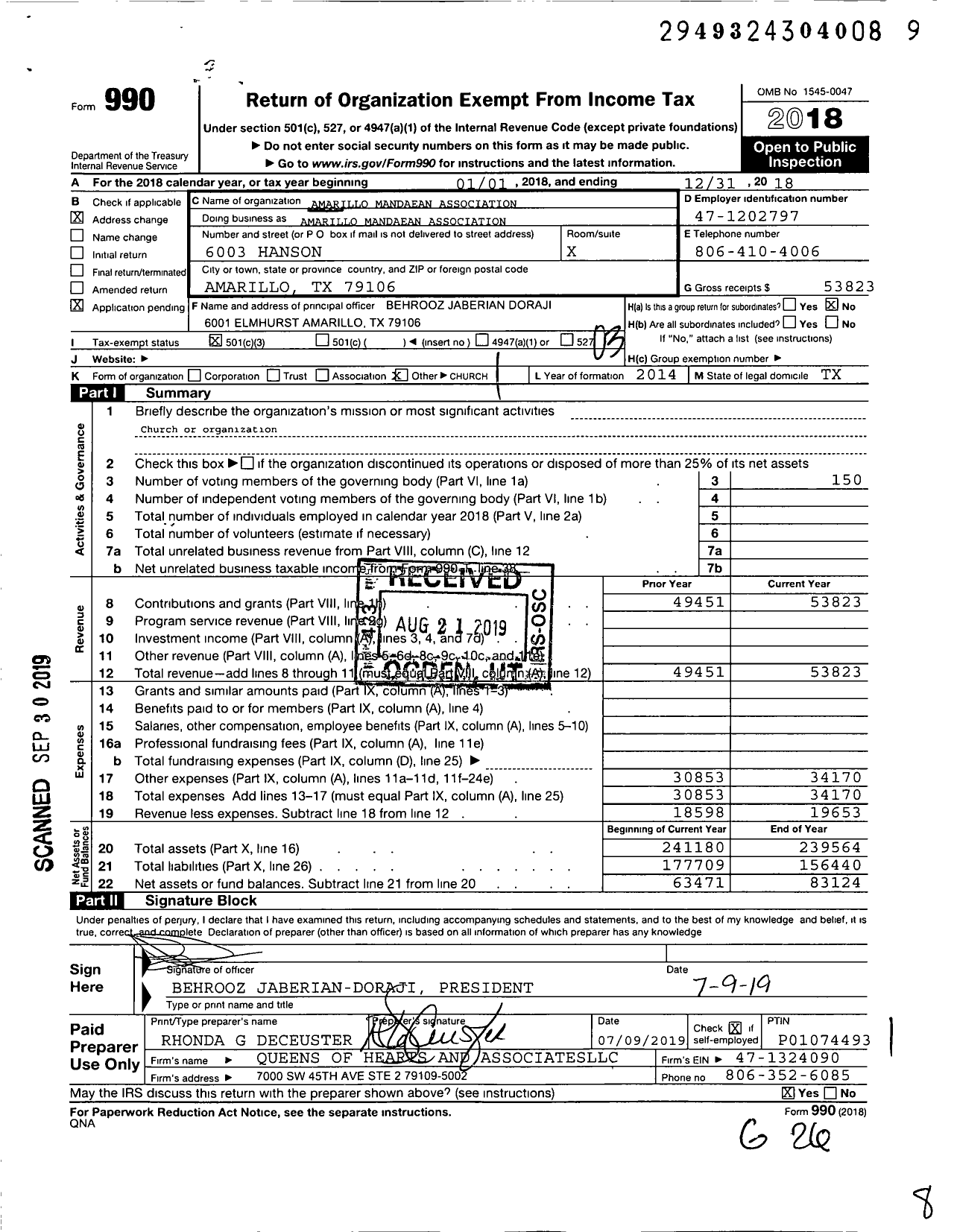 Image of first page of 2018 Form 990 for Amarillo Mandaean Association