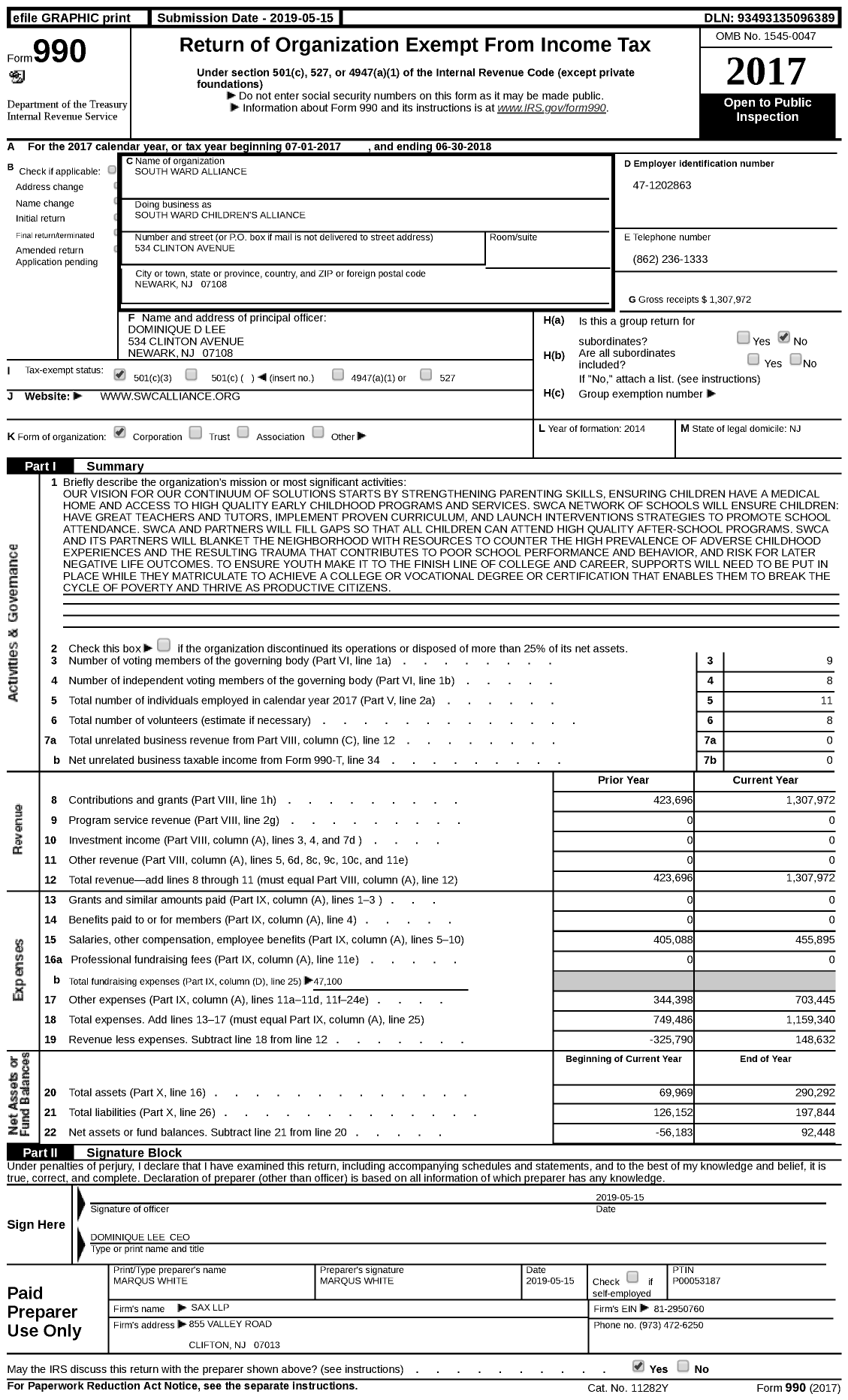 Image of first page of 2017 Form 990 for South Ward Children's Alliance (SWA)