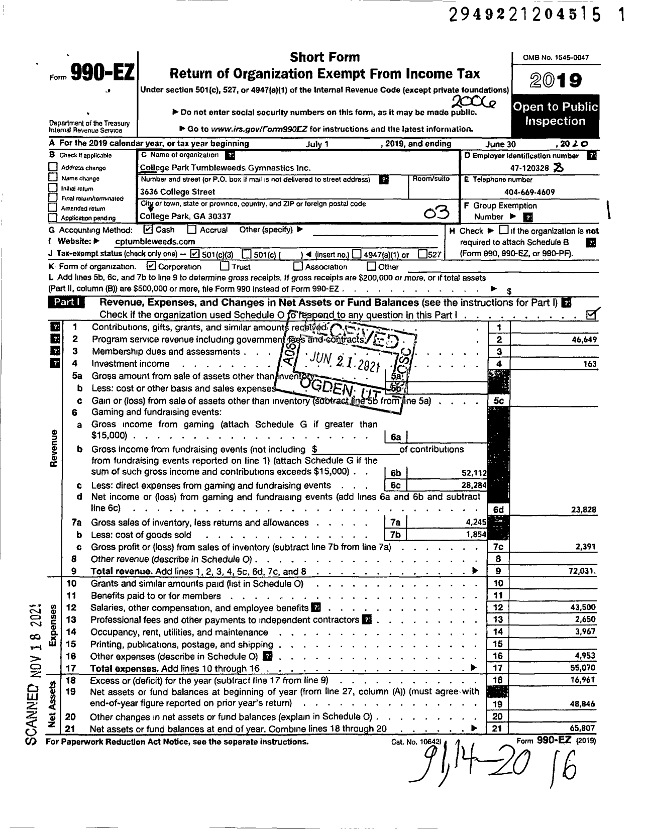 Image of first page of 2019 Form 990EZ for College Park Tumbleweeds Gymnastics