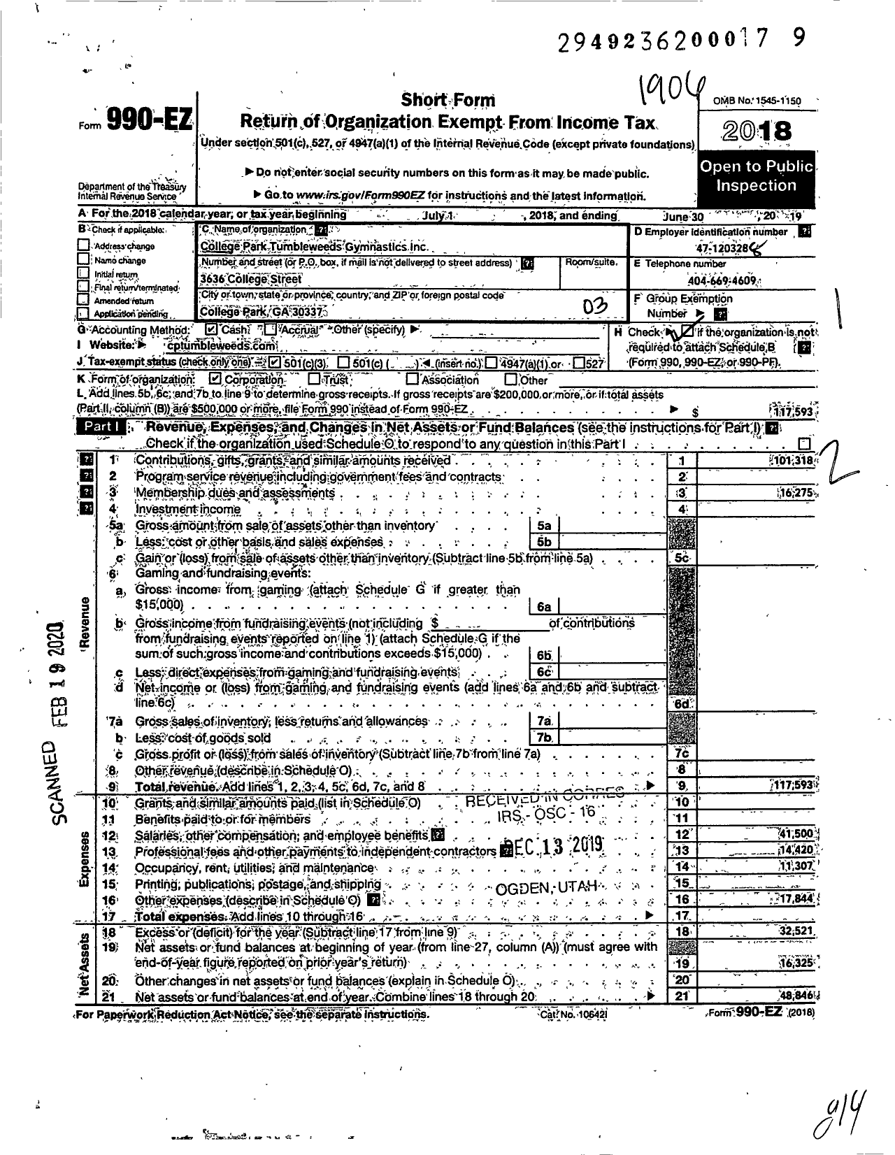 Image of first page of 2018 Form 990EZ for College Park Tumbleweeds Gymnastics