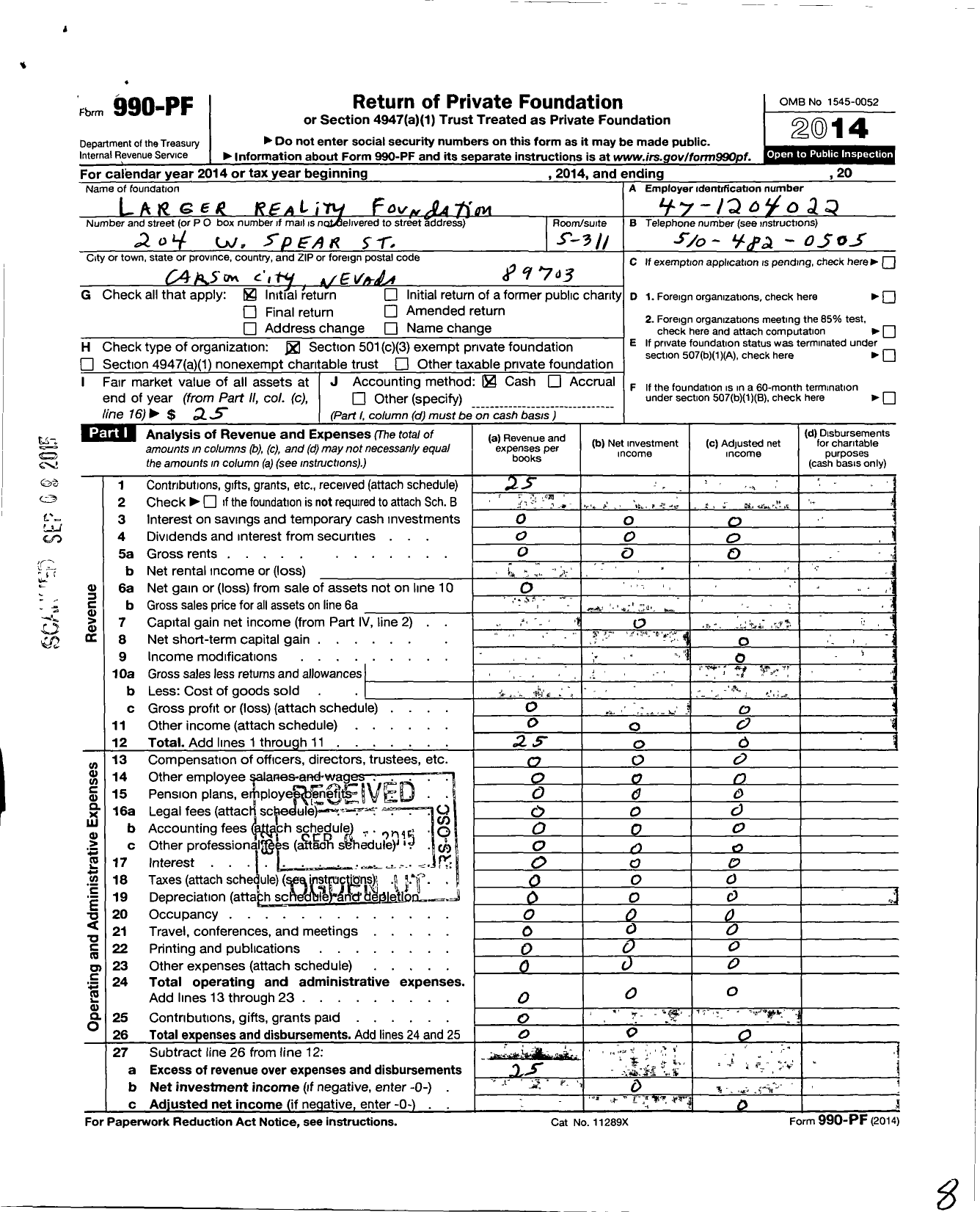 Image of first page of 2014 Form 990PF for Larger Reality Foundation