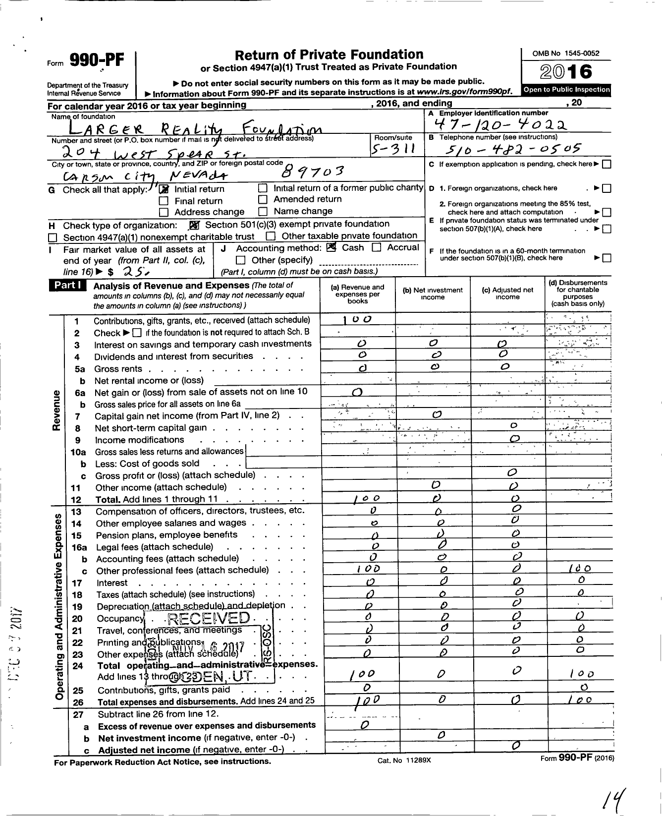 Image of first page of 2016 Form 990PF for Larger Reality Foundation