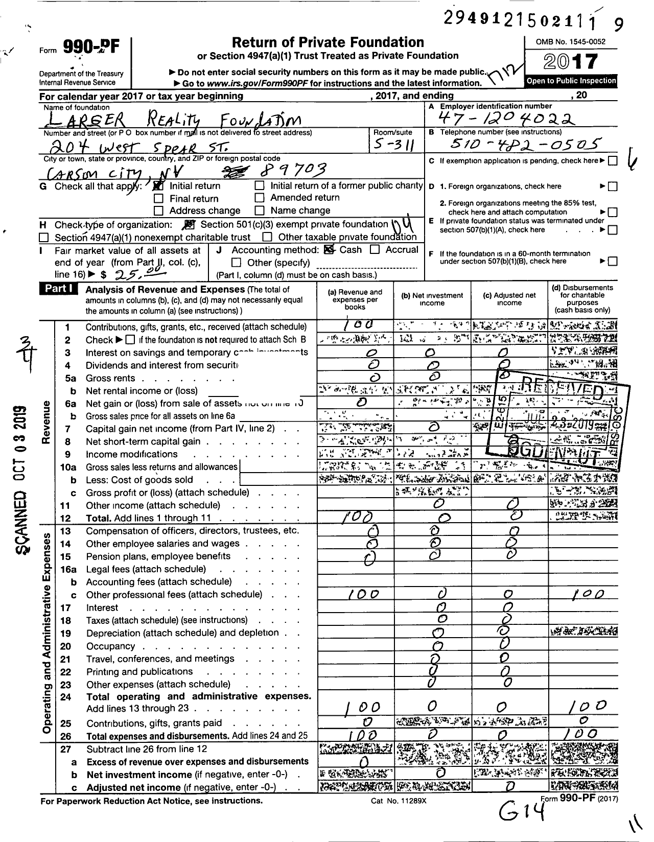 Image of first page of 2017 Form 990PF for Larger Reality Foundation