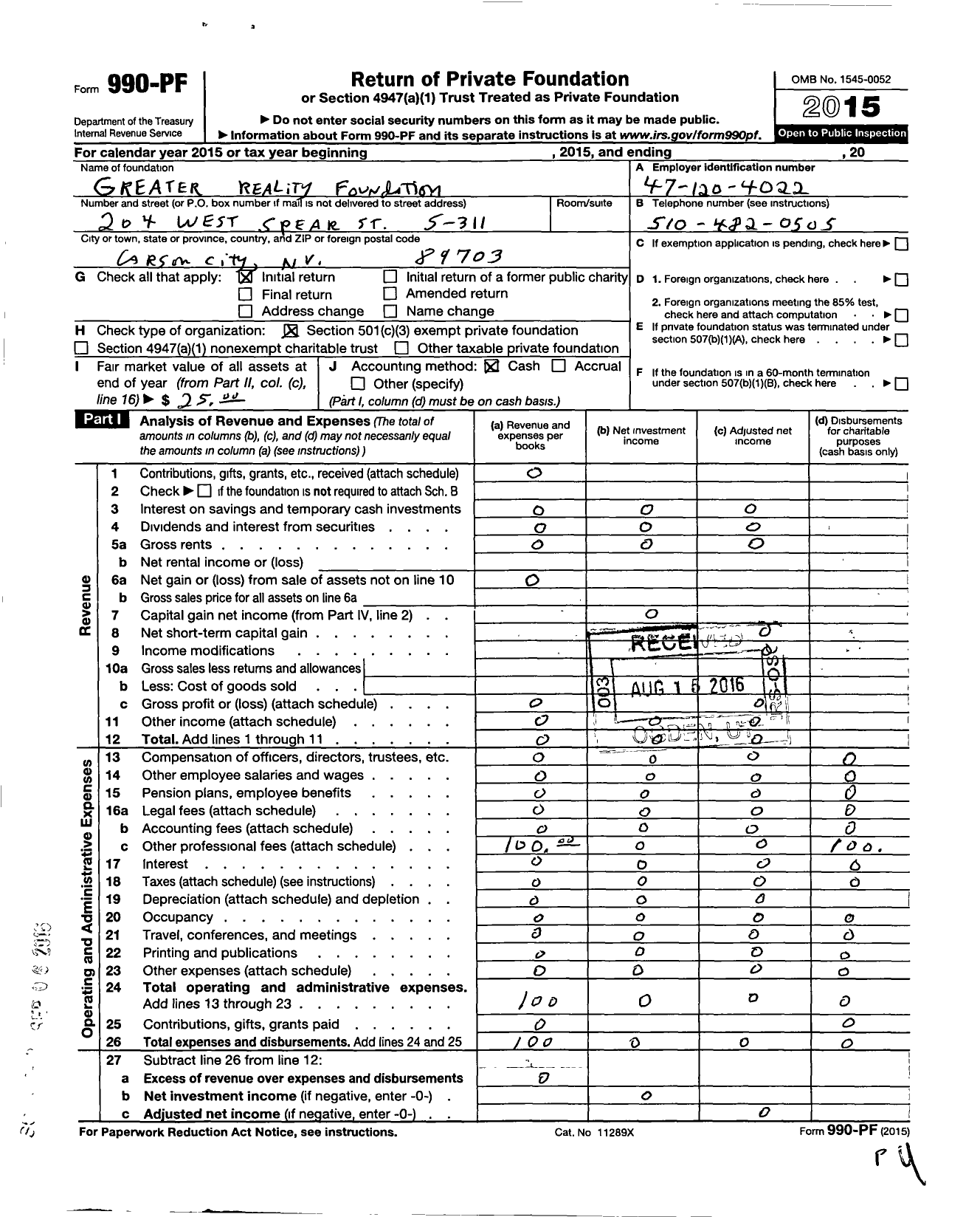 Image of first page of 2015 Form 990PF for Larger Reality Foundation