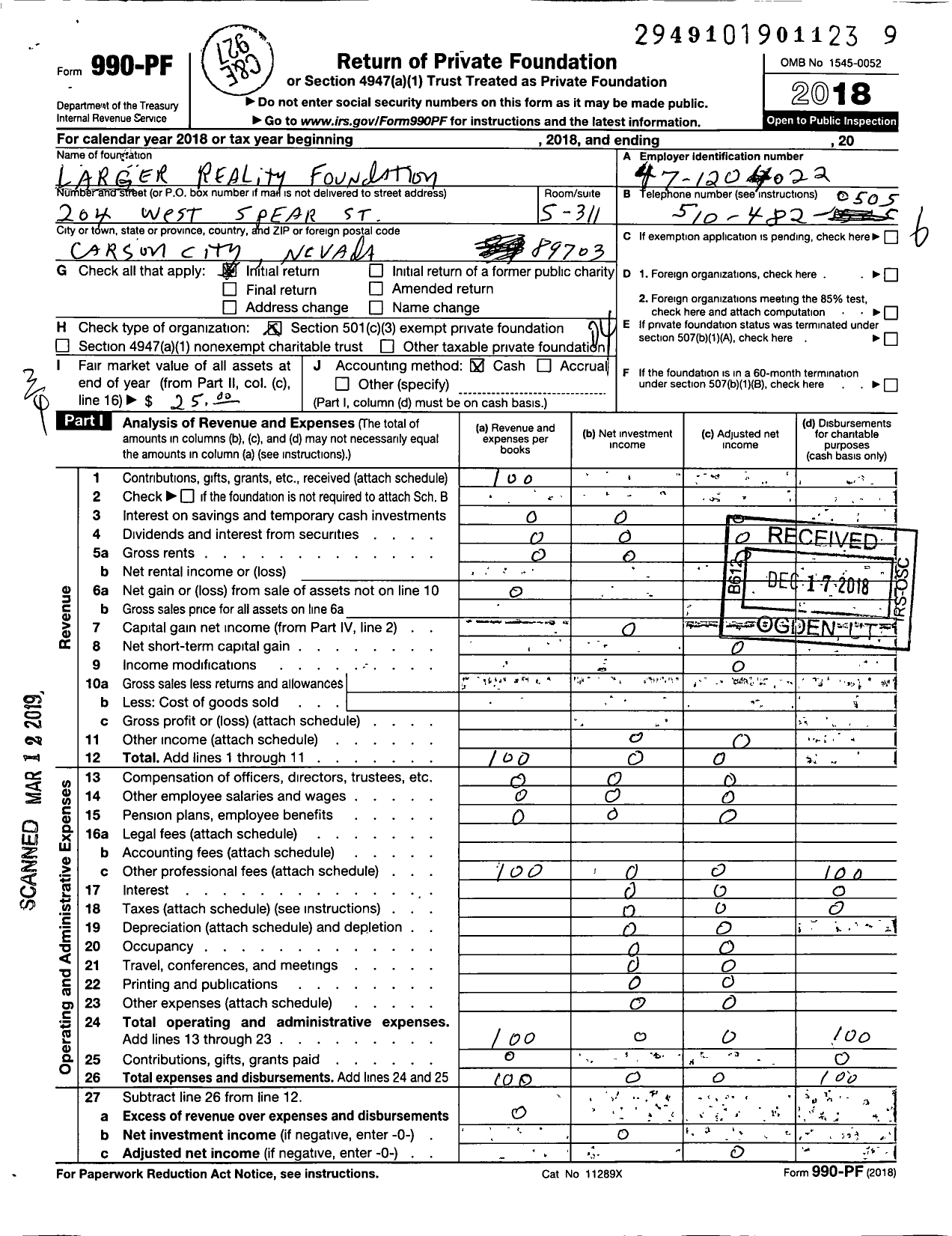 Image of first page of 2018 Form 990PF for Larger Reality Foundation