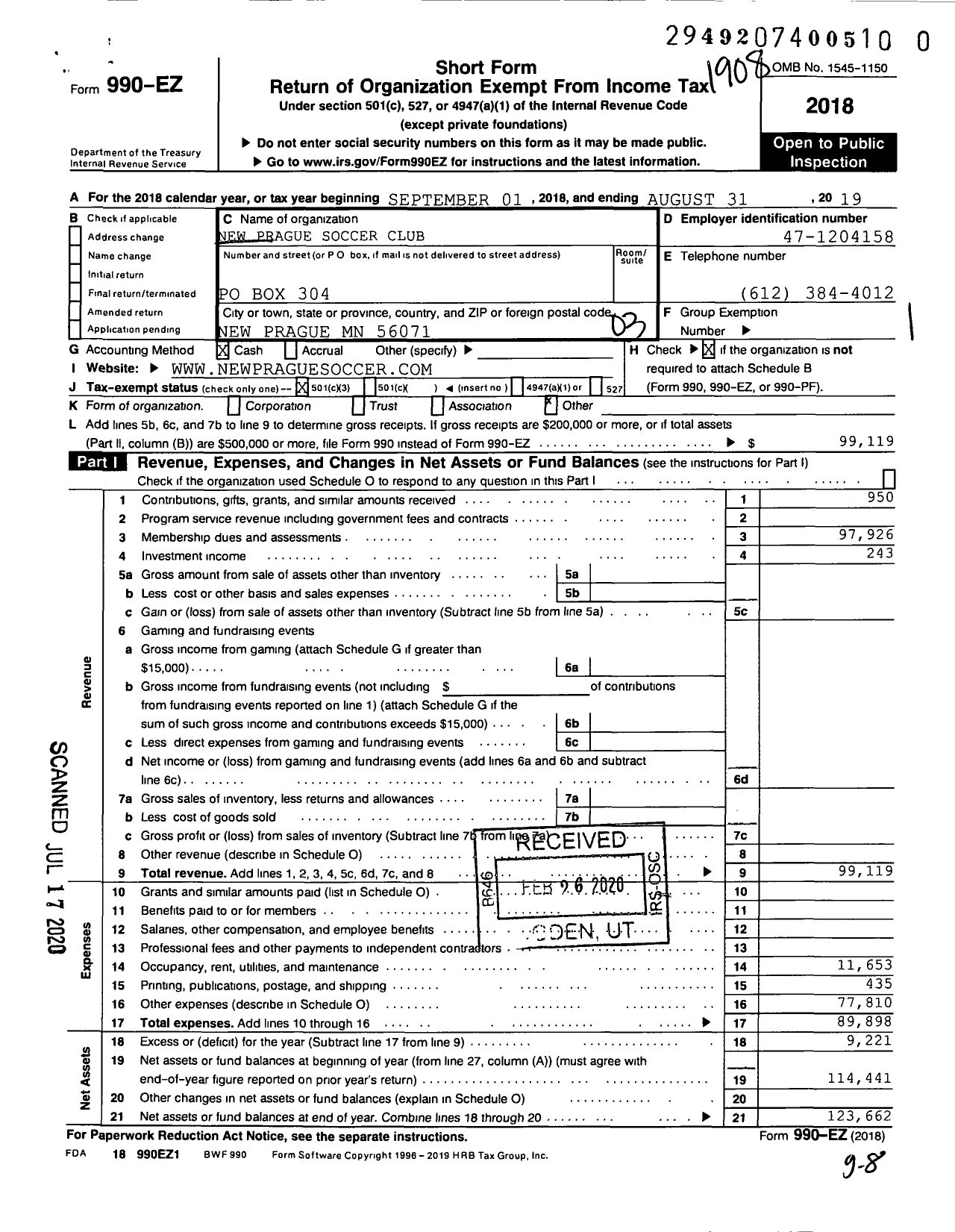 Image of first page of 2018 Form 990EZ for New Prague Soccer Club