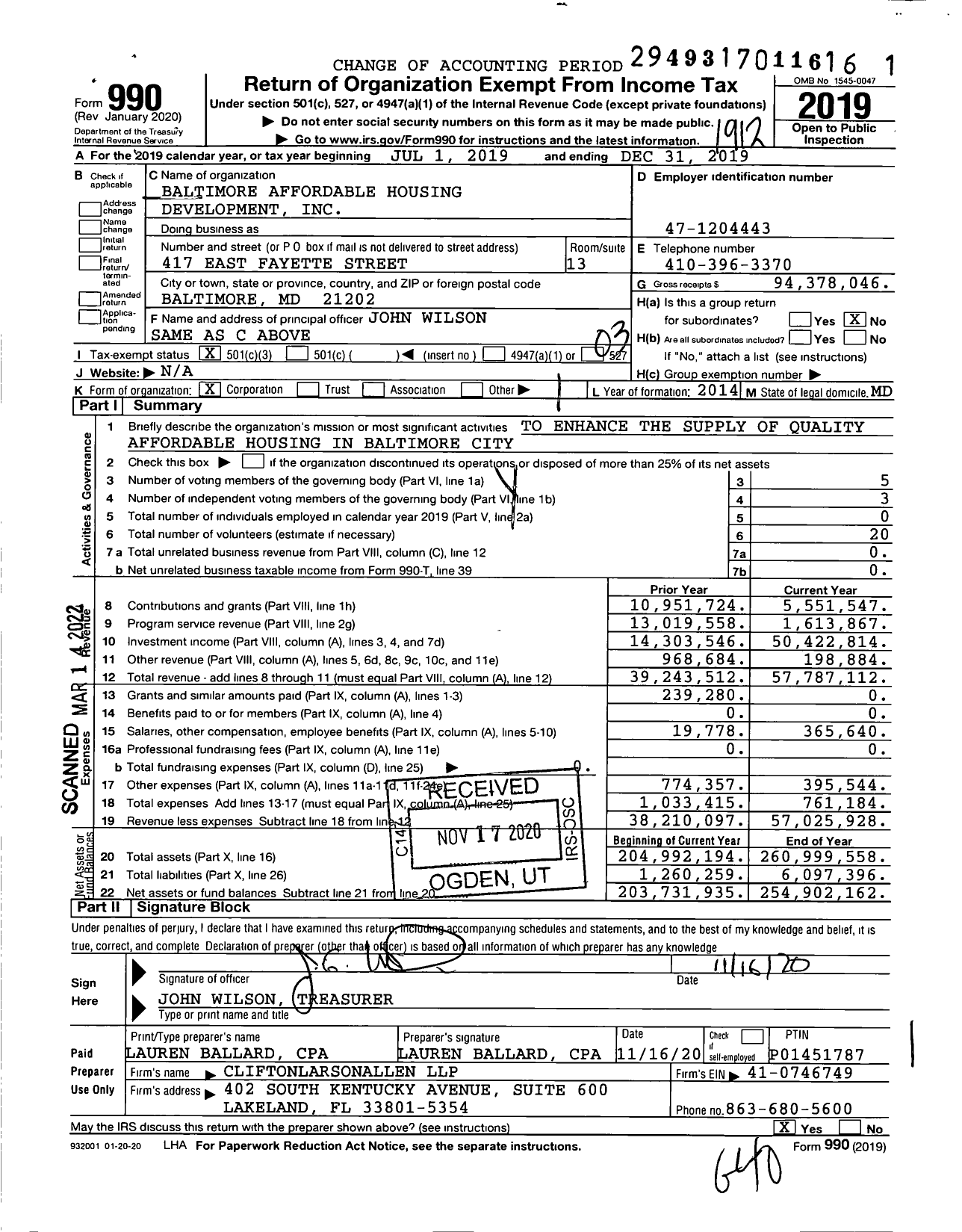 Image of first page of 2019 Form 990 for Baltimore Affordable Housing Development