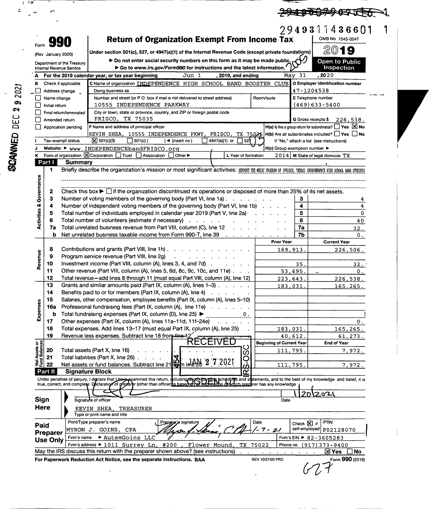 Image of first page of 2019 Form 990 for Independence High School Band Booster Club