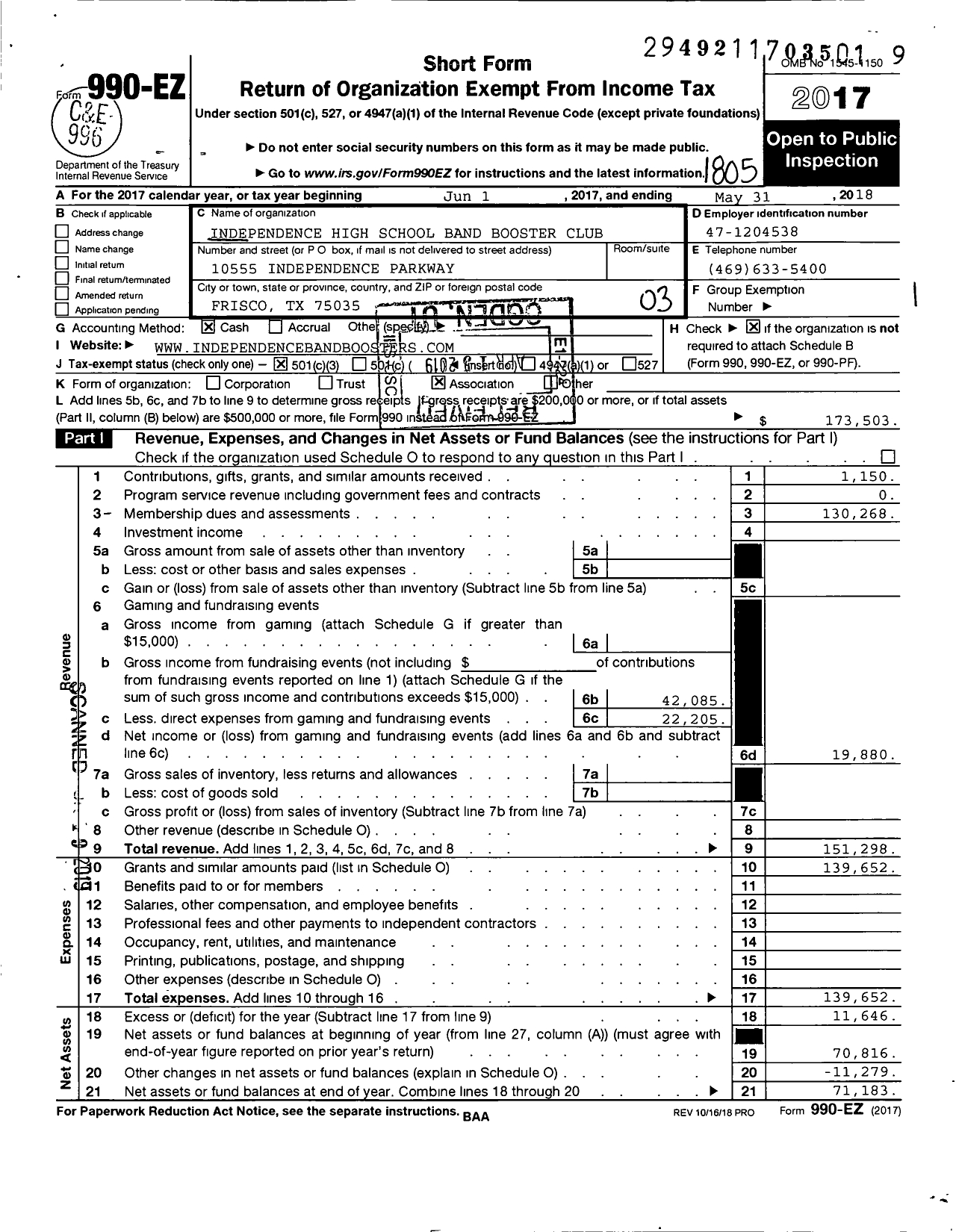 Image of first page of 2017 Form 990EZ for Independence High School Band Booster Club