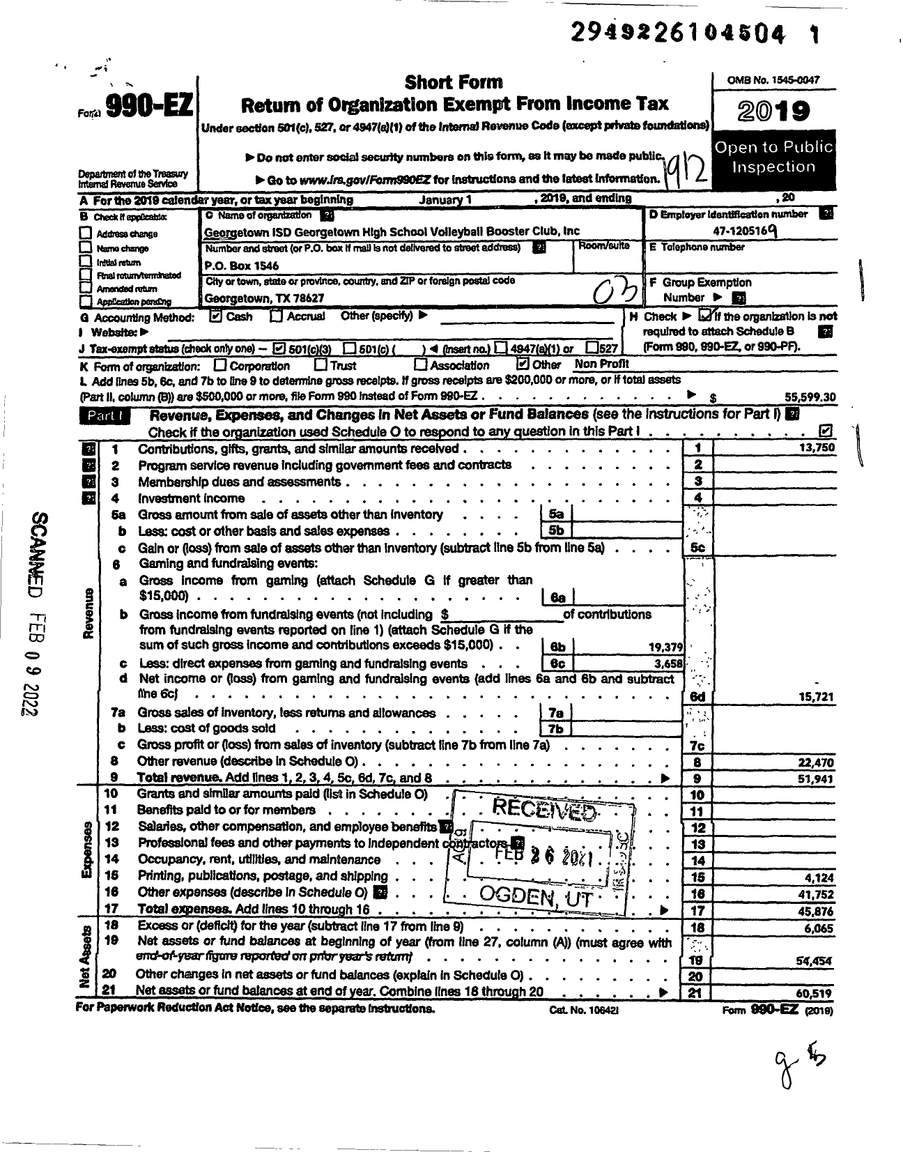 Image of first page of 2019 Form 990EZ for Georgetown ISD Georgetown High School Volleyball Booster Club